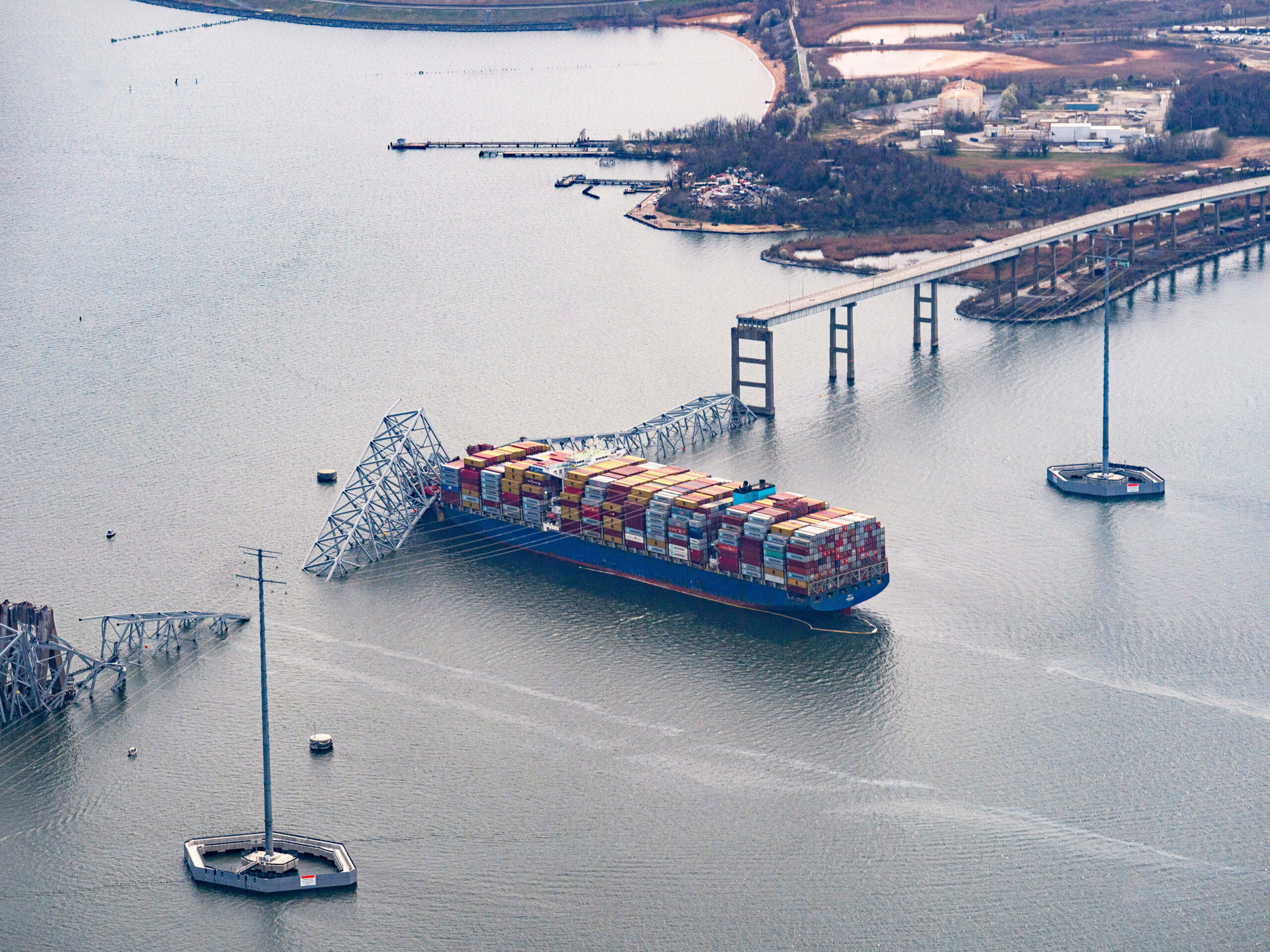 The Dali container vessel after striking the Francis Scott Key Bridge that collapsed into the Patapsco River in Baltimore, on Tuesday. The Port of Baltimore, which has the highest volume of auto imports in the U.S., is now temporarily closed.