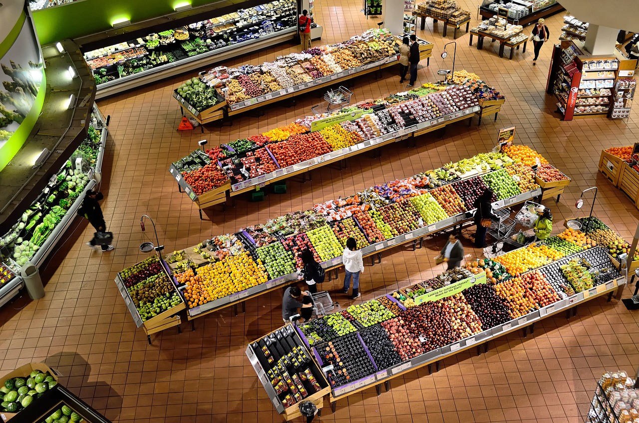 Birds ey view of produce section in store.