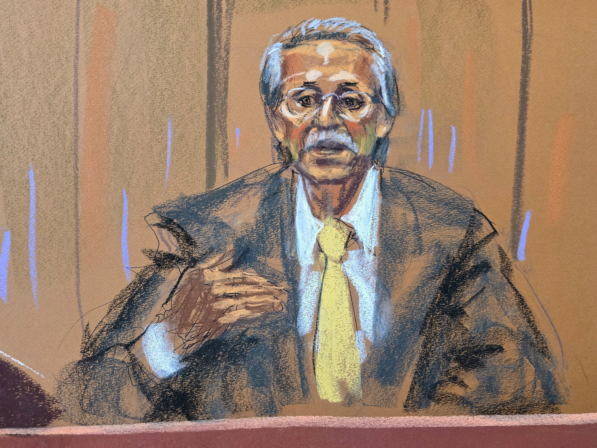 Former National Enquirer publisher David Pecker speaks from the witness stand during Trump's criminal trial on charges that he falsified business records to conceal money paid to silence adult film star Stormy Daniels in 2016, in Manhattan state court in New York City, on Monday, in this courtroom sketch.