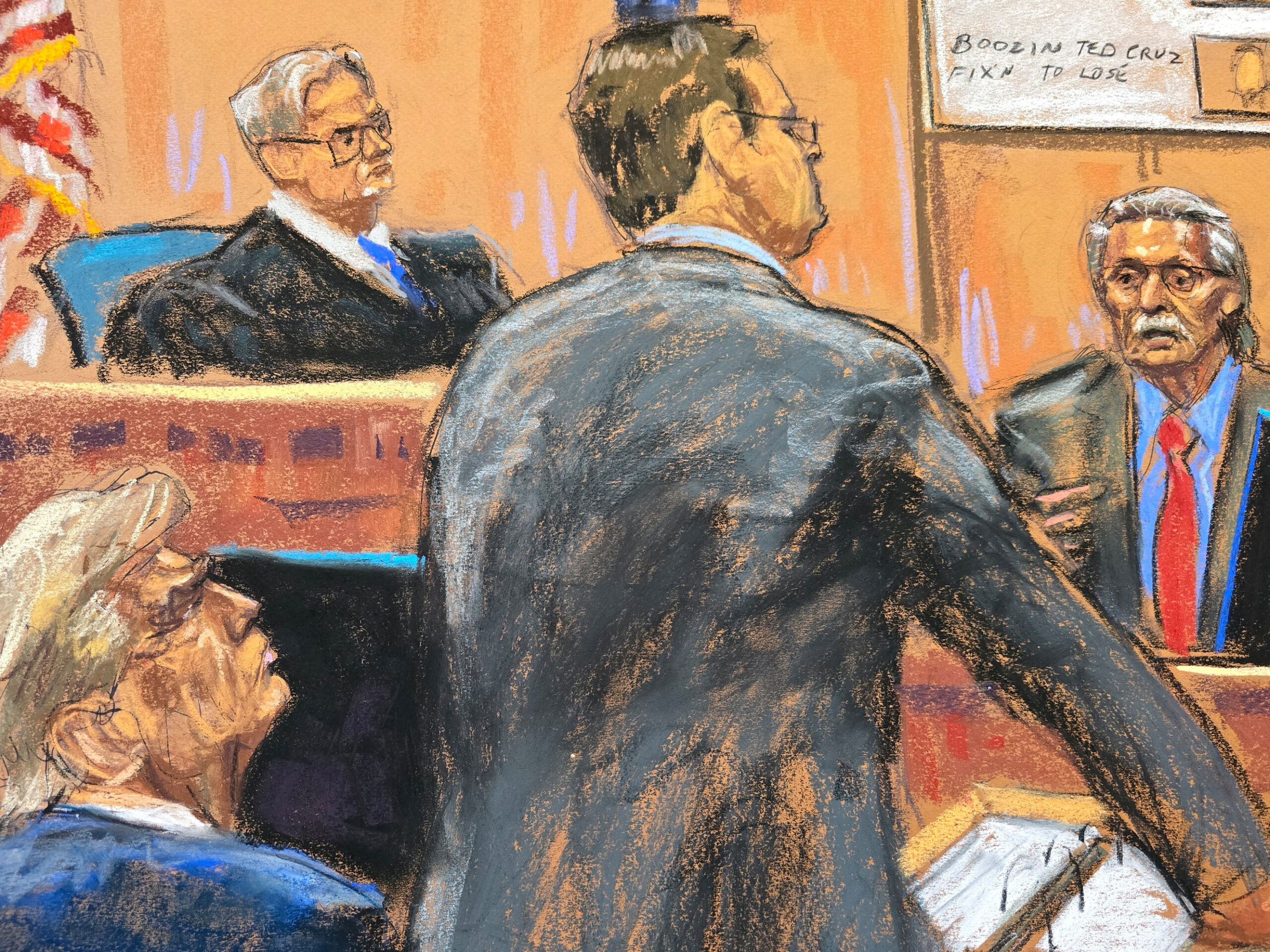 Former President Donald Trump watches as prosecutor Joshua Steinglass questions David Pecker before Judge Juan Merchan during Trump's criminal trial in Manhattan on Tuesday.