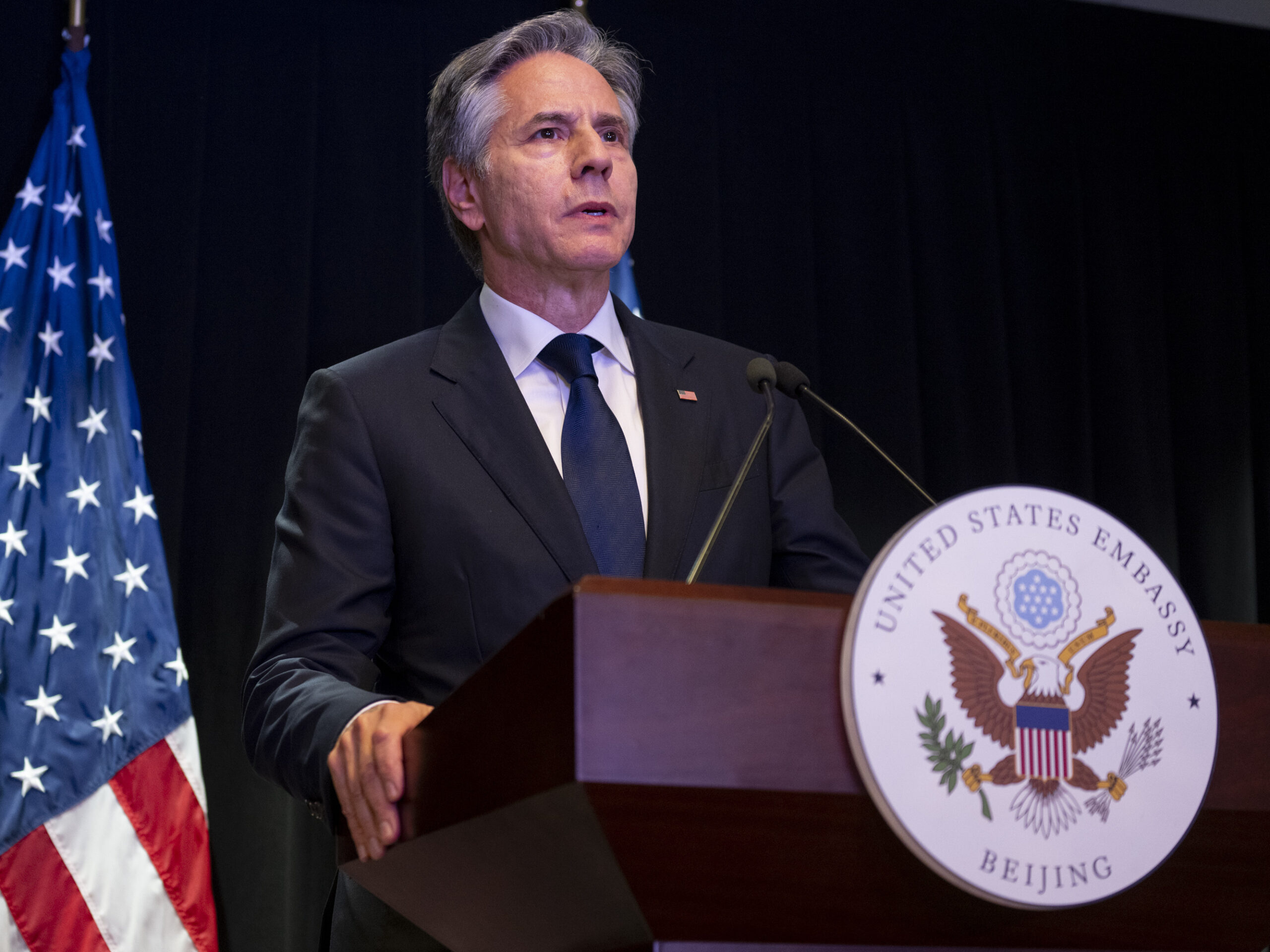 Antony Blinken, Secretary of State of the United States of America speaks at a press conference at the U.S. Embassy in Beijing, China.