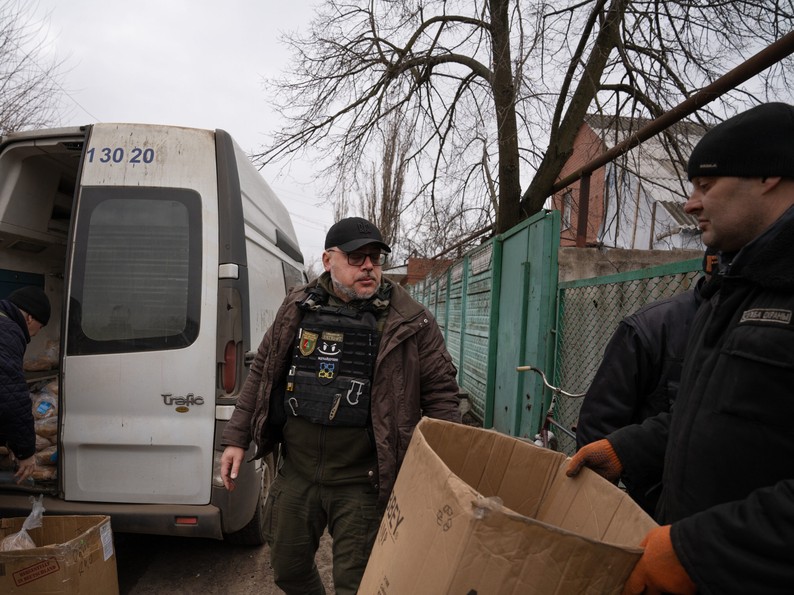 Serhii Chaus, the mayor of the eastern Ukrainian city of Chasiv Yar, arrives at a bread delivery location on the outskirts of town. Chaus goes daily into the embattled town to deliver supplies and meet residents who choose to stay there as Russian forces are approaching the area.