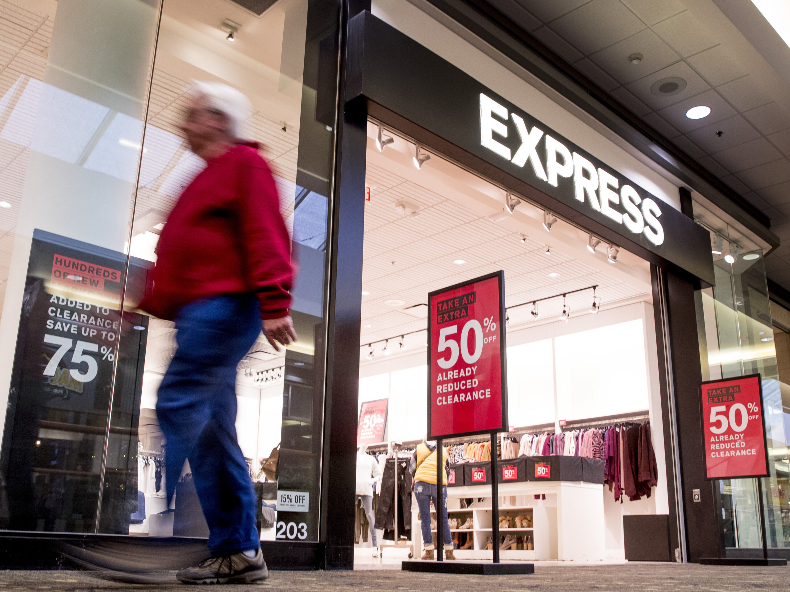 An Express store promotes deep sales in Valley West Mall in Iowa, in January 2020.