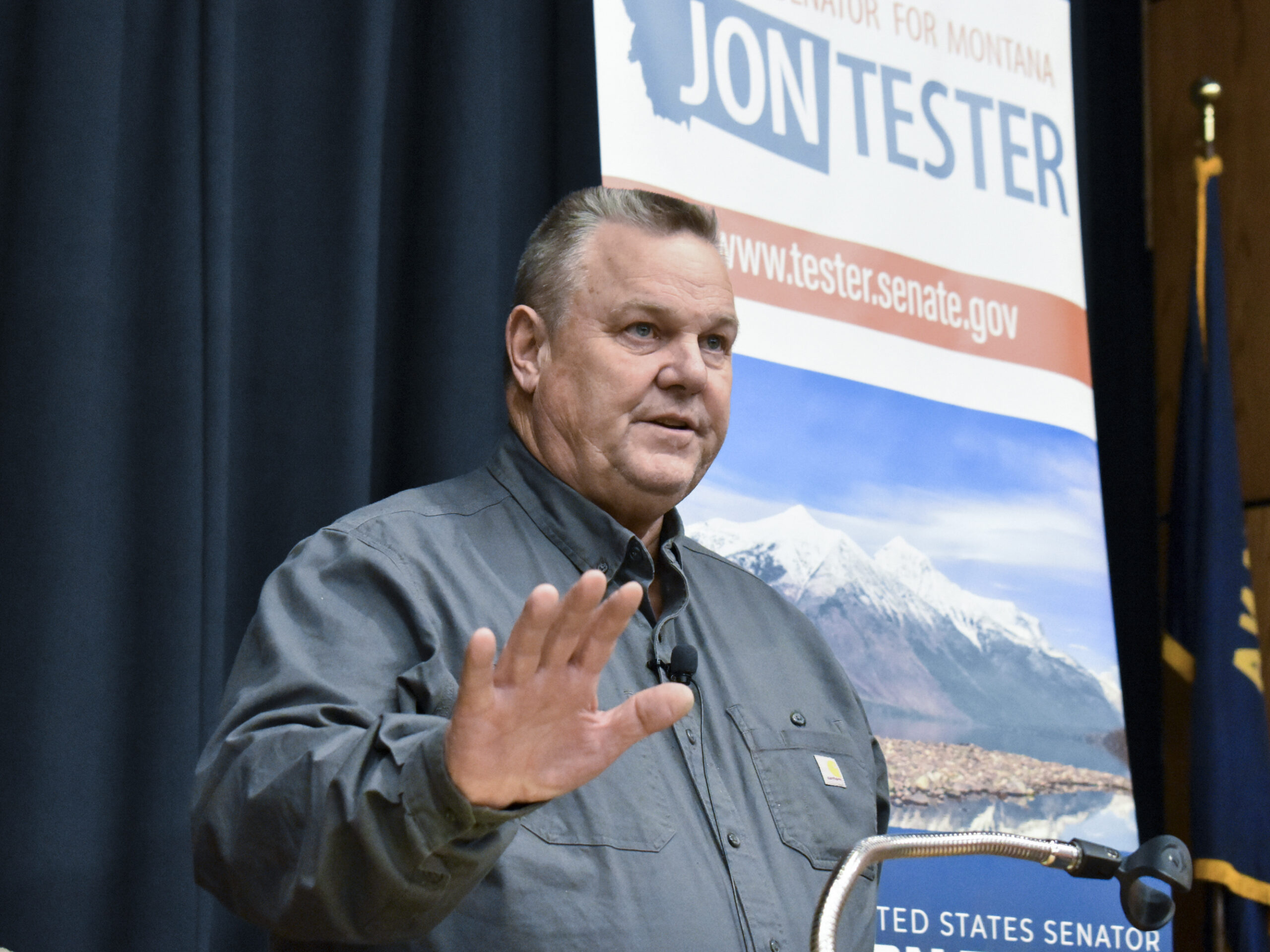 Sen. Jon Tester, D-Mont., speaks during a town hall hosted by the Democratic lawmaker at Montana Technological University, Nov. 10, 2023, in Butte, Mont.