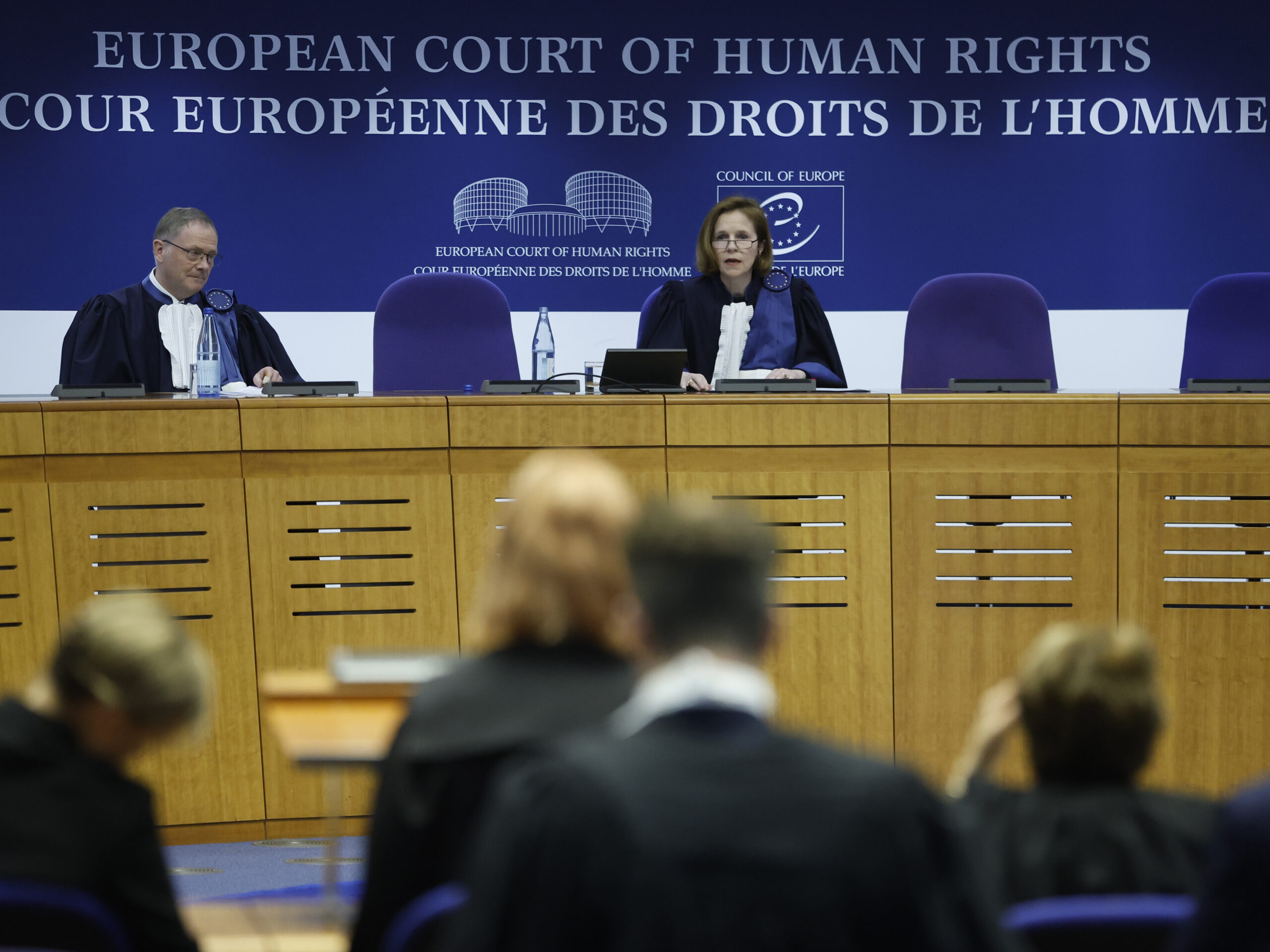 President of the European Court of Human Rights Síofra O'Leary, center, speaks Tuesday, April 9, 2024 in Strasbourg, eastern France.