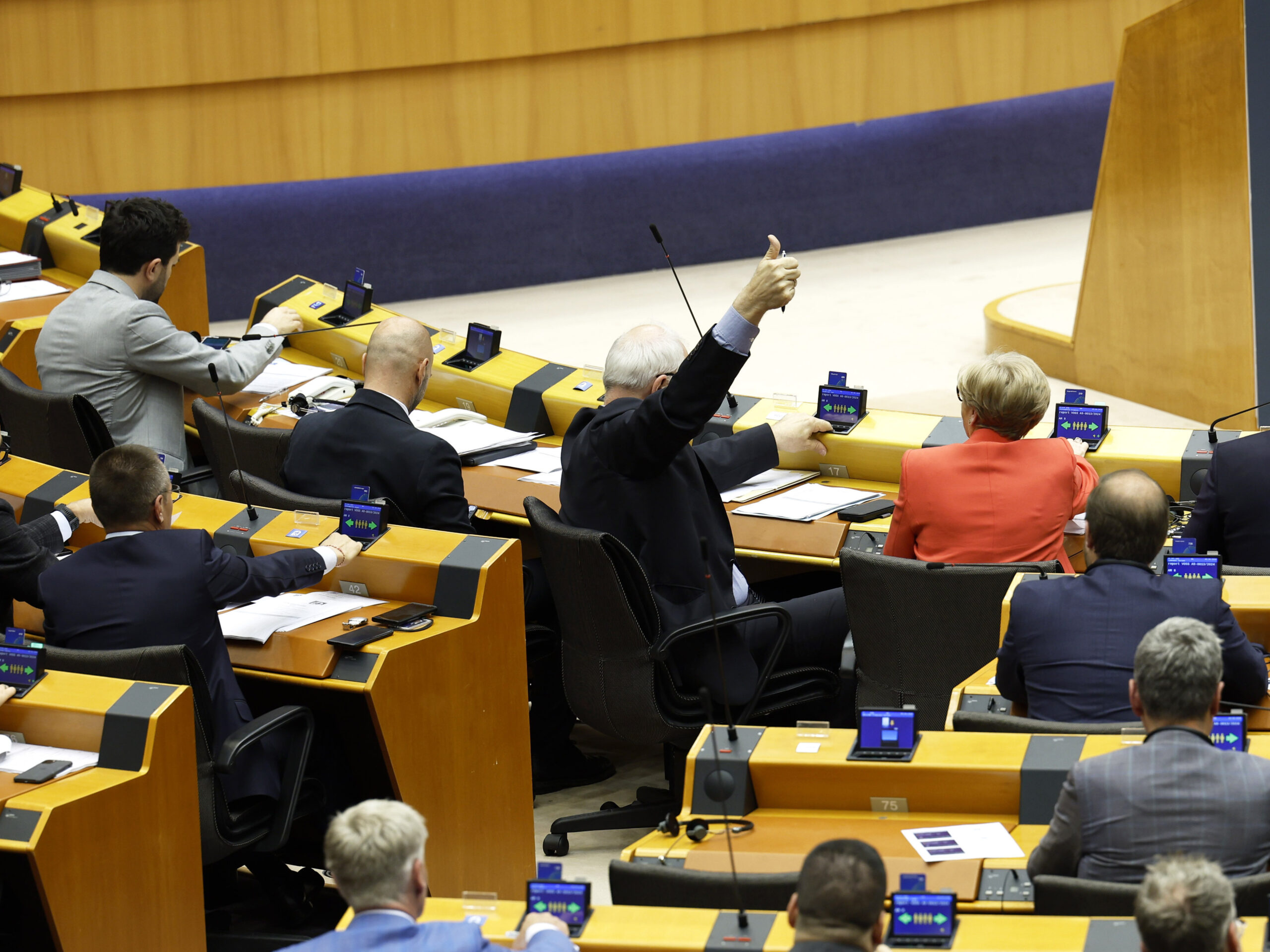 Members of European Parliament participate in a series of votes as they attend a plenary session at the European Parliament in Brussels, Wednesday, April 10, 2024.