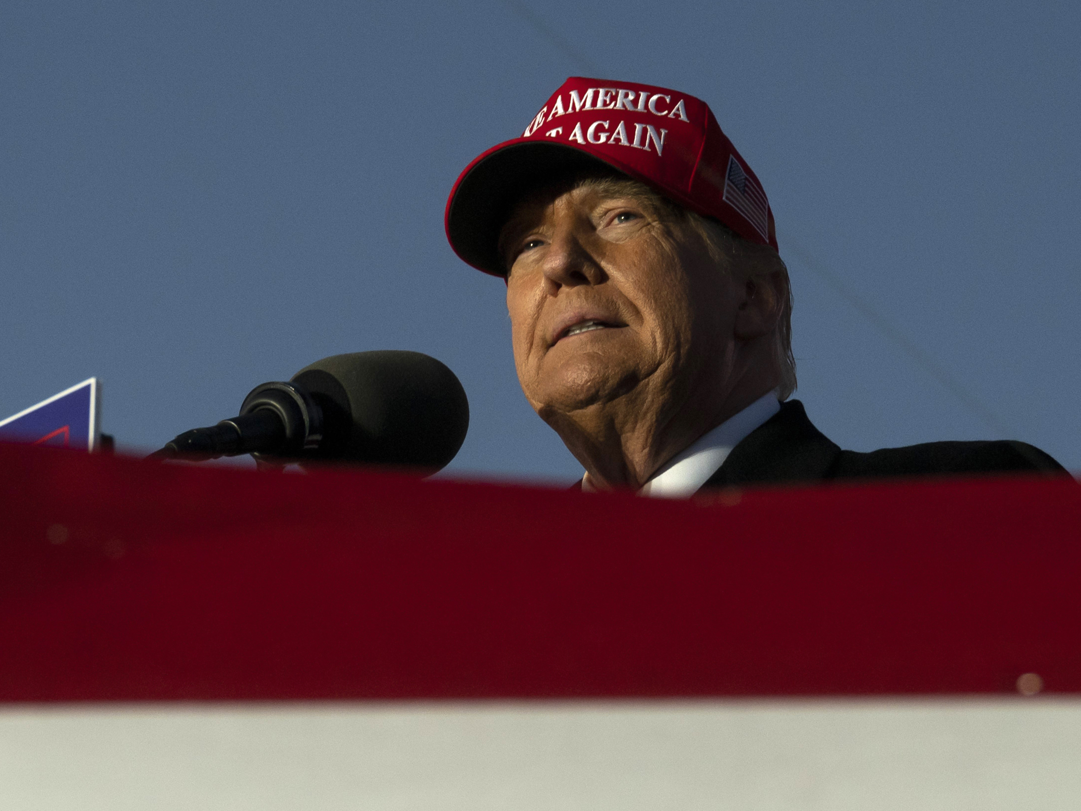 Former U.S. President Donald Trump speaks during a campaign event in Schnecksville, Pa., Saturday, April 13, 2024.