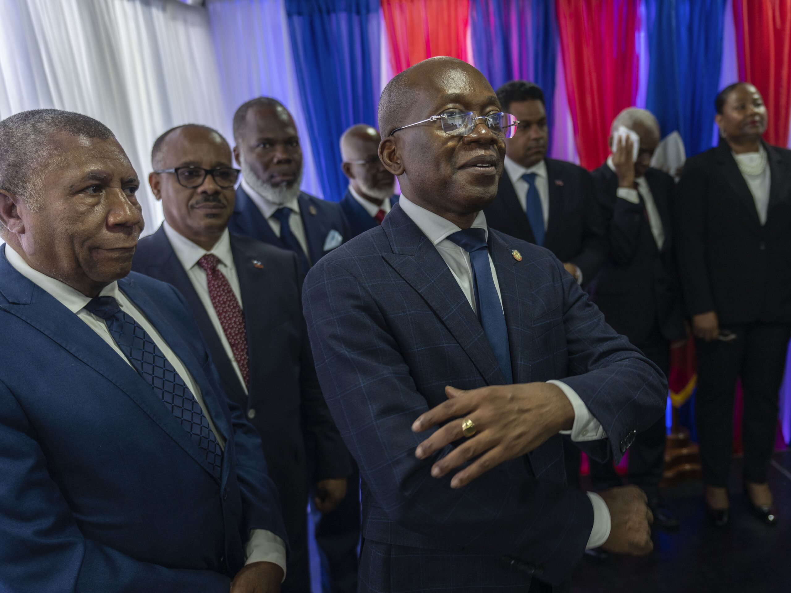 Michel Patrick Boisvert (center), who was named interim prime minister by outgoing Prime Minister Ariel Henry, attends the swearing-in ceremony of the transitional council tasked with selecting Haiti's new prime minister and cabinet, in Port-au-Prince, Haiti.