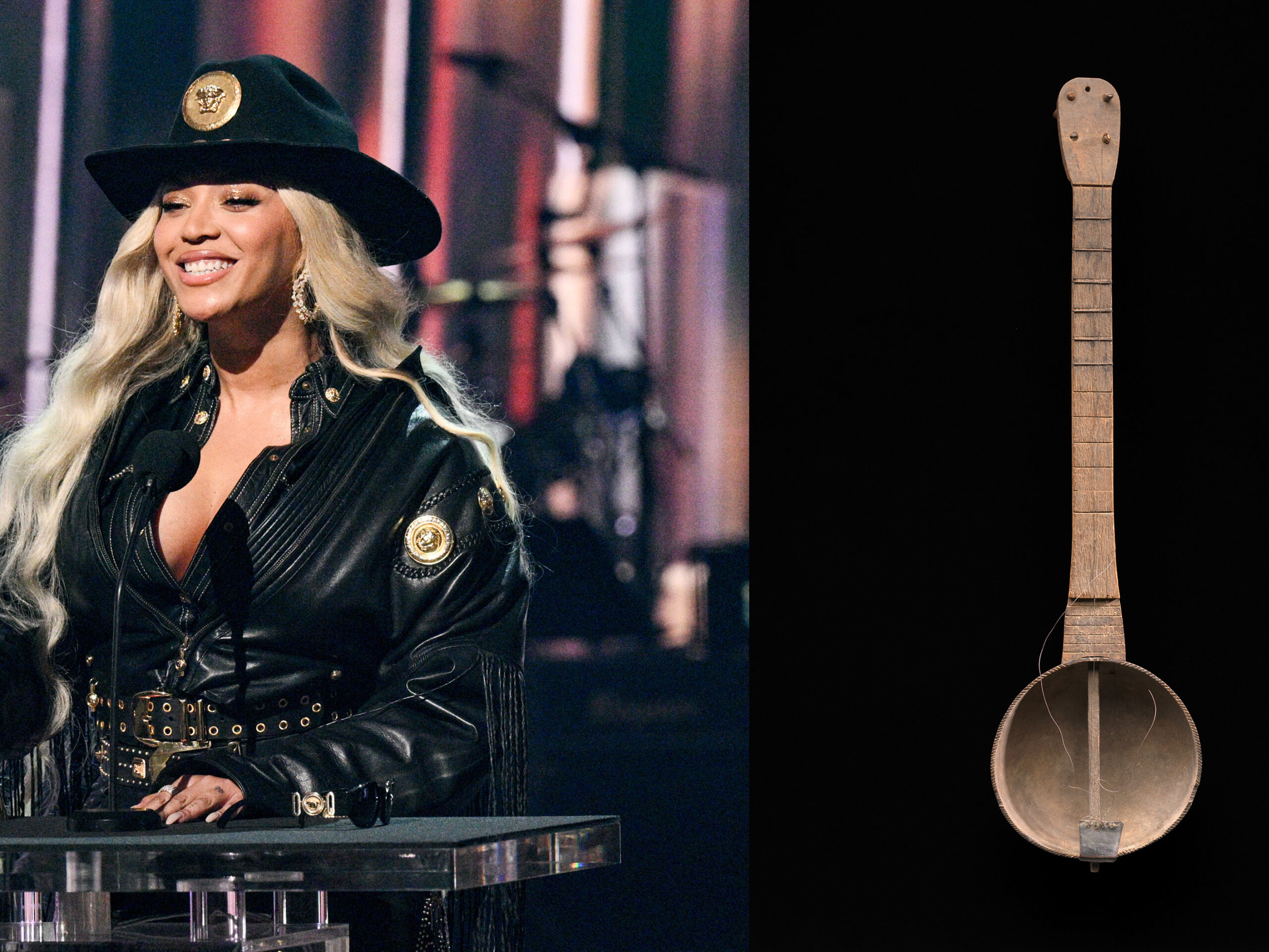 Beyoncé accepts the Innovator Award at the 2024 iHeartRadio Music Awards on April 1. Her new album is "Carter Country" and it features a banjo on the hit song "Texas Hold 'Em." At right: a gourd banjo was an early American incarnation of an instrument that originated in Africa and was played by African Americans.