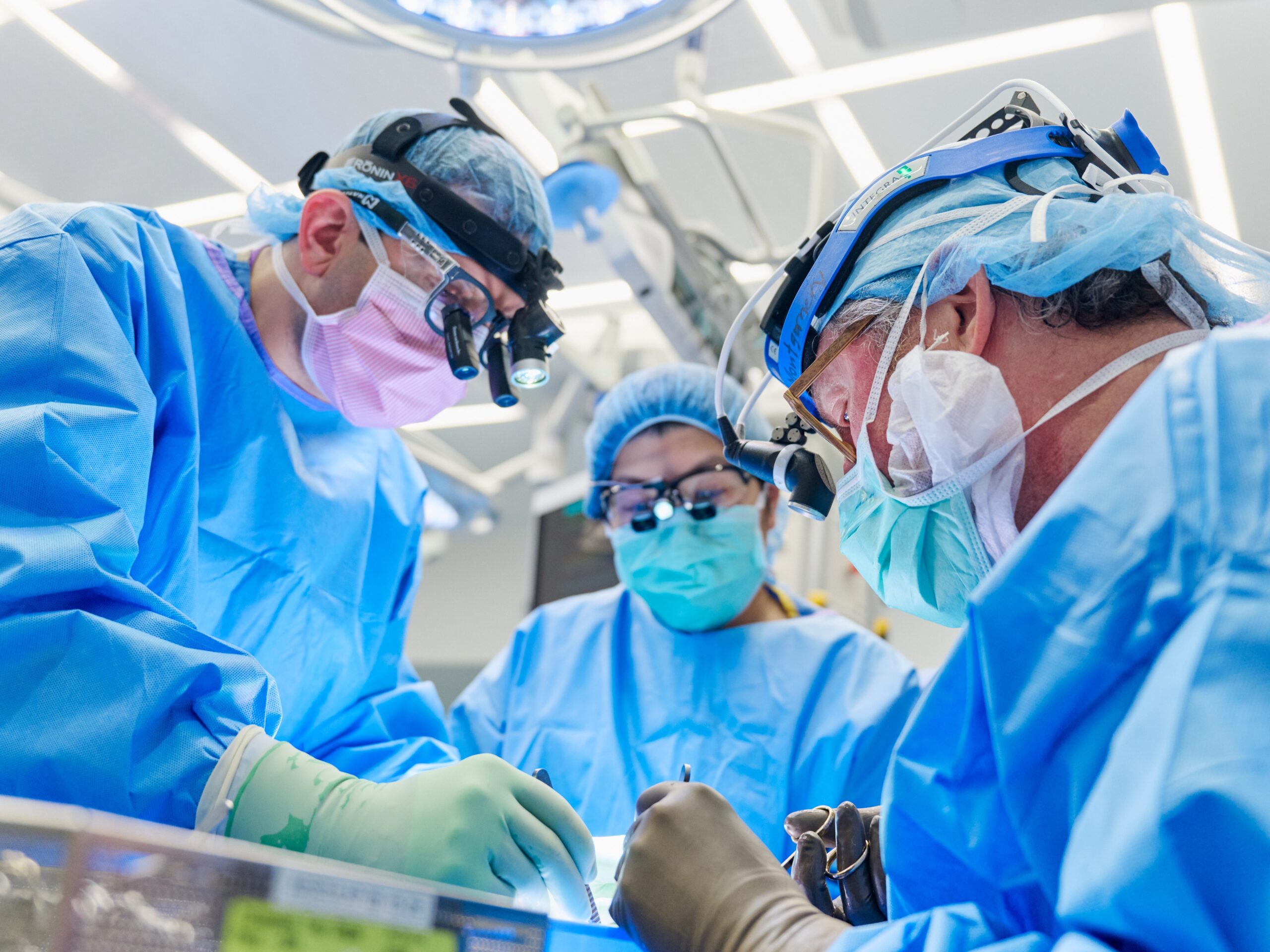 Dr. Jeffrey Stern, assistant professor in the Department of Surgery at NYU Grossman School of Medicine, and Dr. Robert Montgomery, director of the NYU Langone Transplant Institute, prepare the gene-edited pig kidney with thymus for transplantation.
