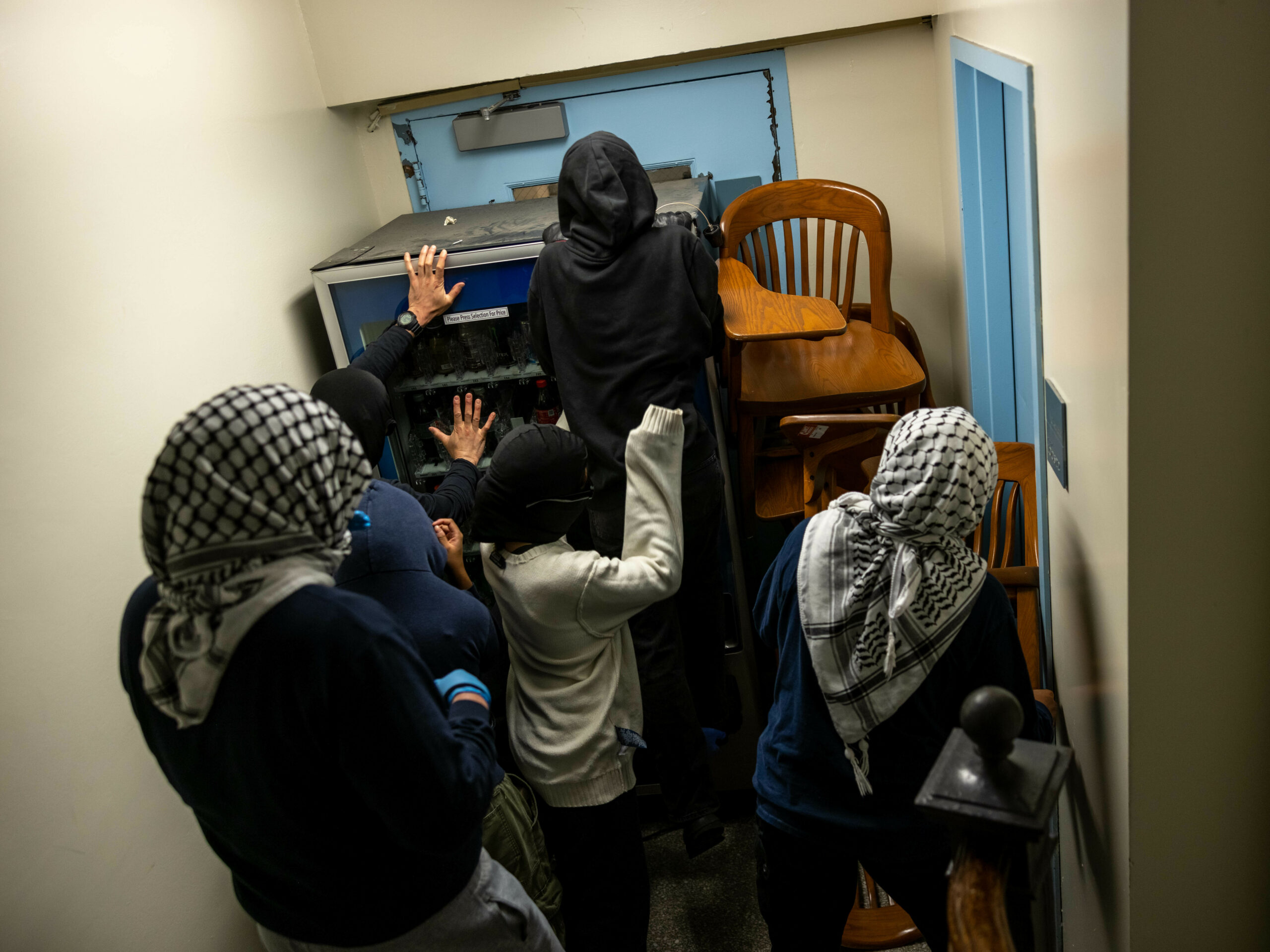 Demonstrators supporting Palestinians in Gaza barricade themselves inside Hamilton Hall, where the office of the dean is located on April 30, 2024 in New York City.
