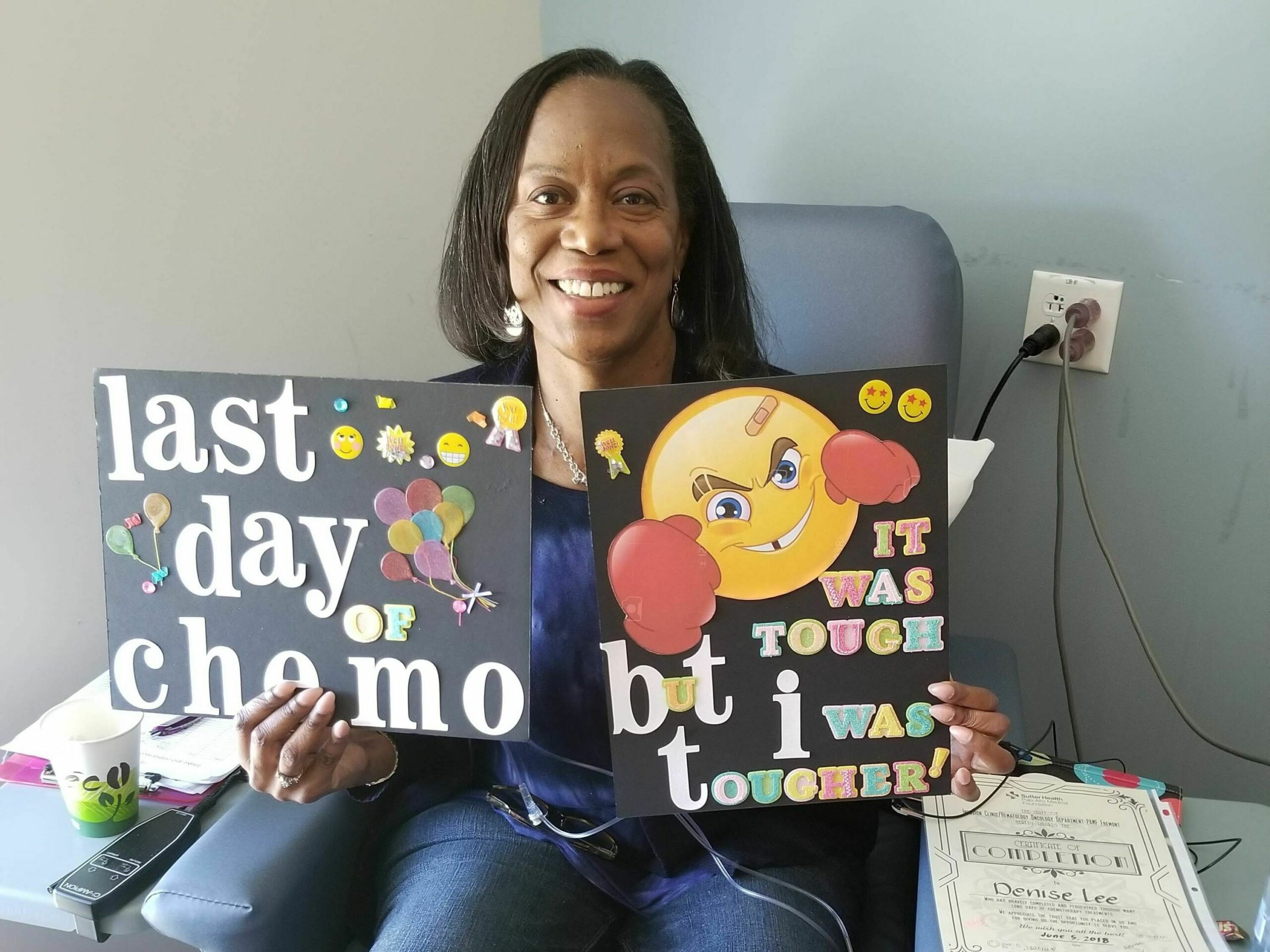 Denise Lee on her last day of chemo. In addition to chemo and surgery, she was treated with immunotherapy. She's currently in remission.