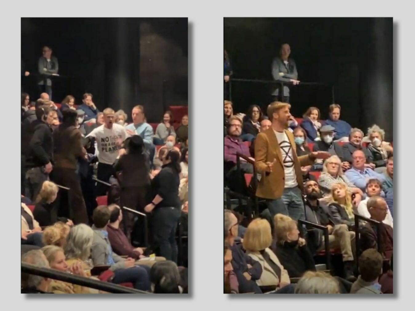 Activists from Extinction Rebellion, left and center, protest during a performance of An Enemy of the People on Broadway, starring Jeremy Strong, right.