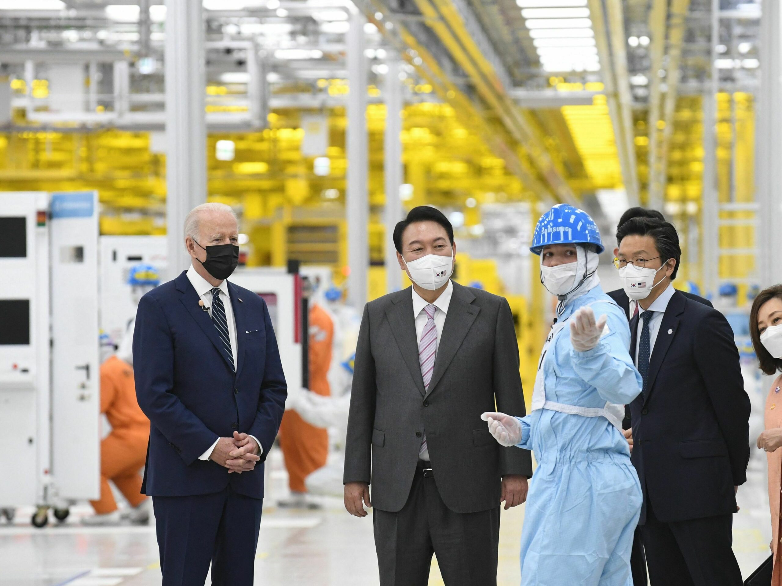 President Biden tours a Samsung plant in Pyeongtaek, South Korea with South Korean President Yoon Suk-youl on May 20, 2022. The company is building a massive new campus in Texas.