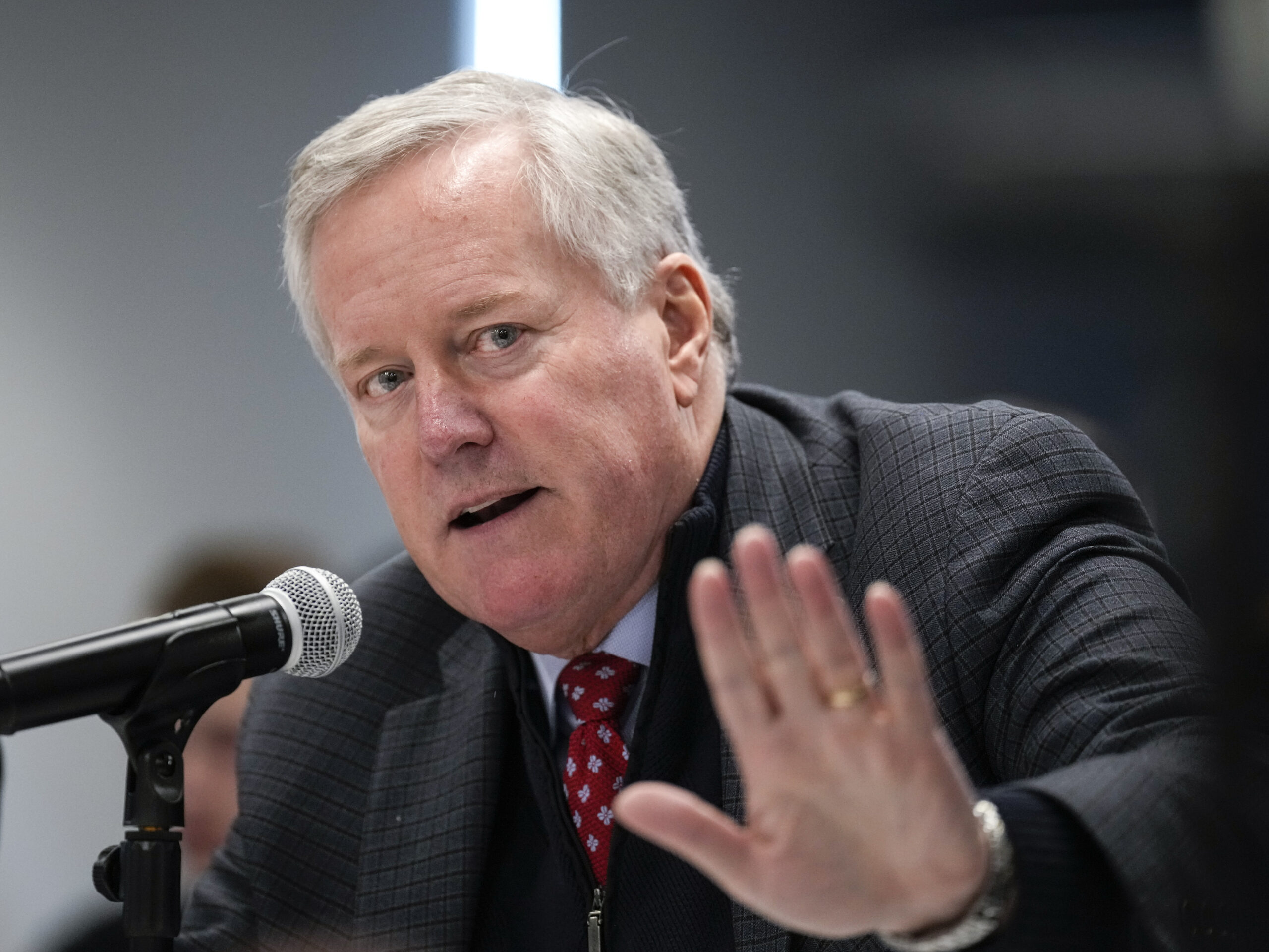 Former Trump White House Chief of Staff Mark Meadows speaks during a forum on Nov. 14, 2022. Meadows has been indicted in Arizona for his alleged efforts to keep former President Donald Trump in power.