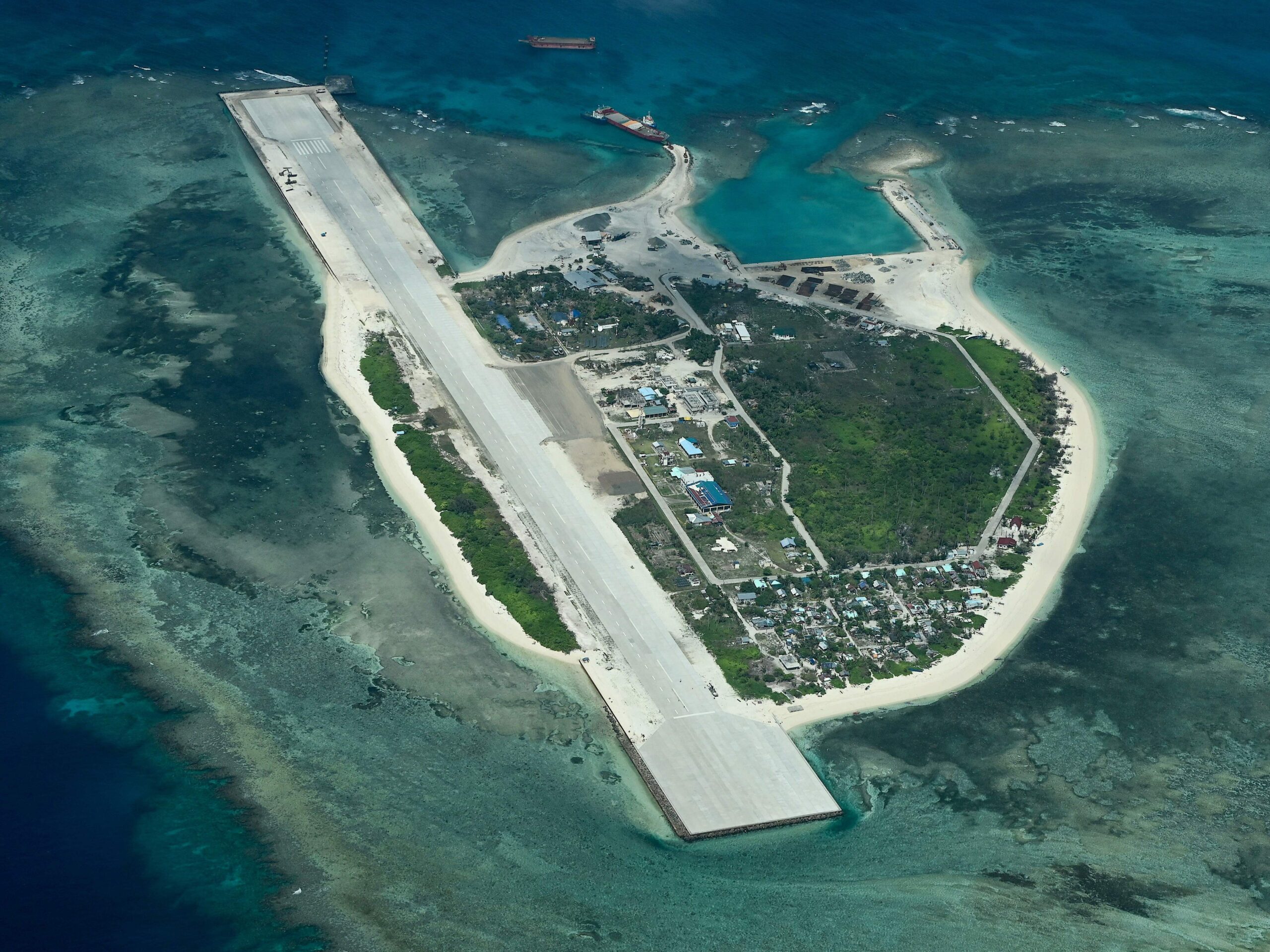 An aerial view taken on March 9, 2023, shows Thitu Island in the South China Sea.