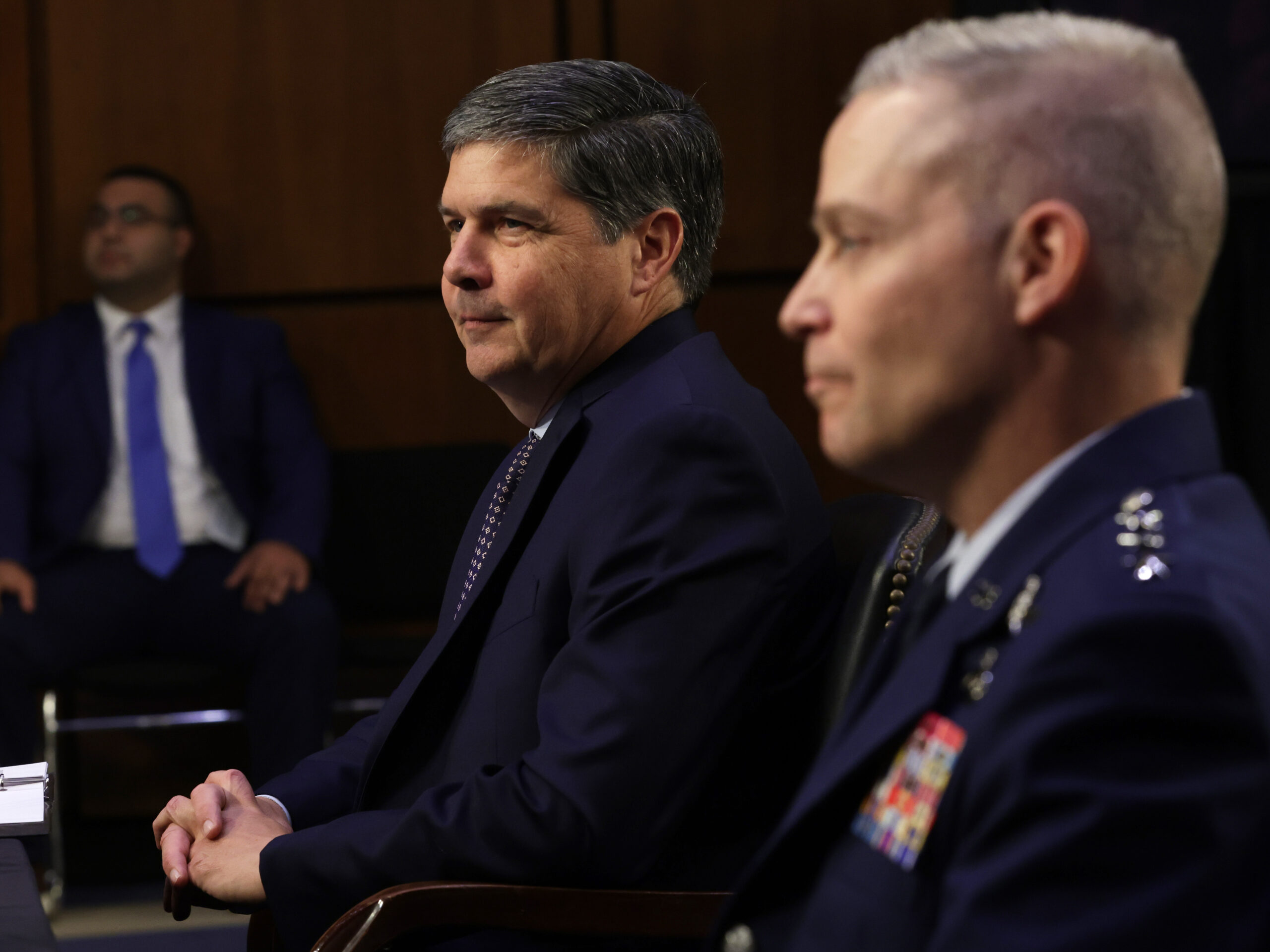 Michael Casey (L) is shown here with U.S. Air Force Lieutenant General Timothy Haugh, at a confirmation hearing before the Senate Select Committee on Intelligence on July 12, 2023. Casey is now the director of the National Counterintelligence and Security Center.