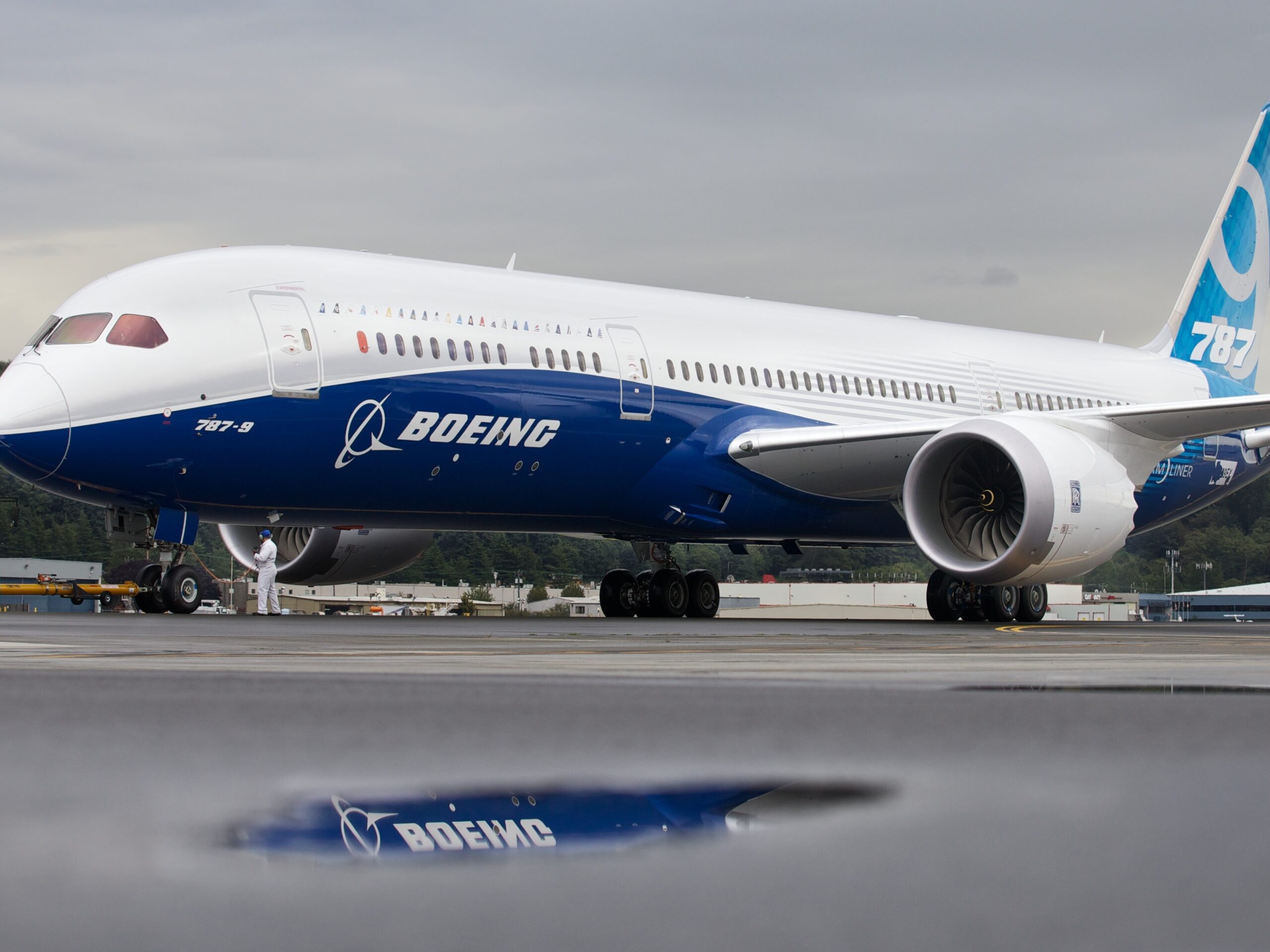 A Boeing 787-9 Dreamliner taxis at Boeing Field in Seattle, Washington.