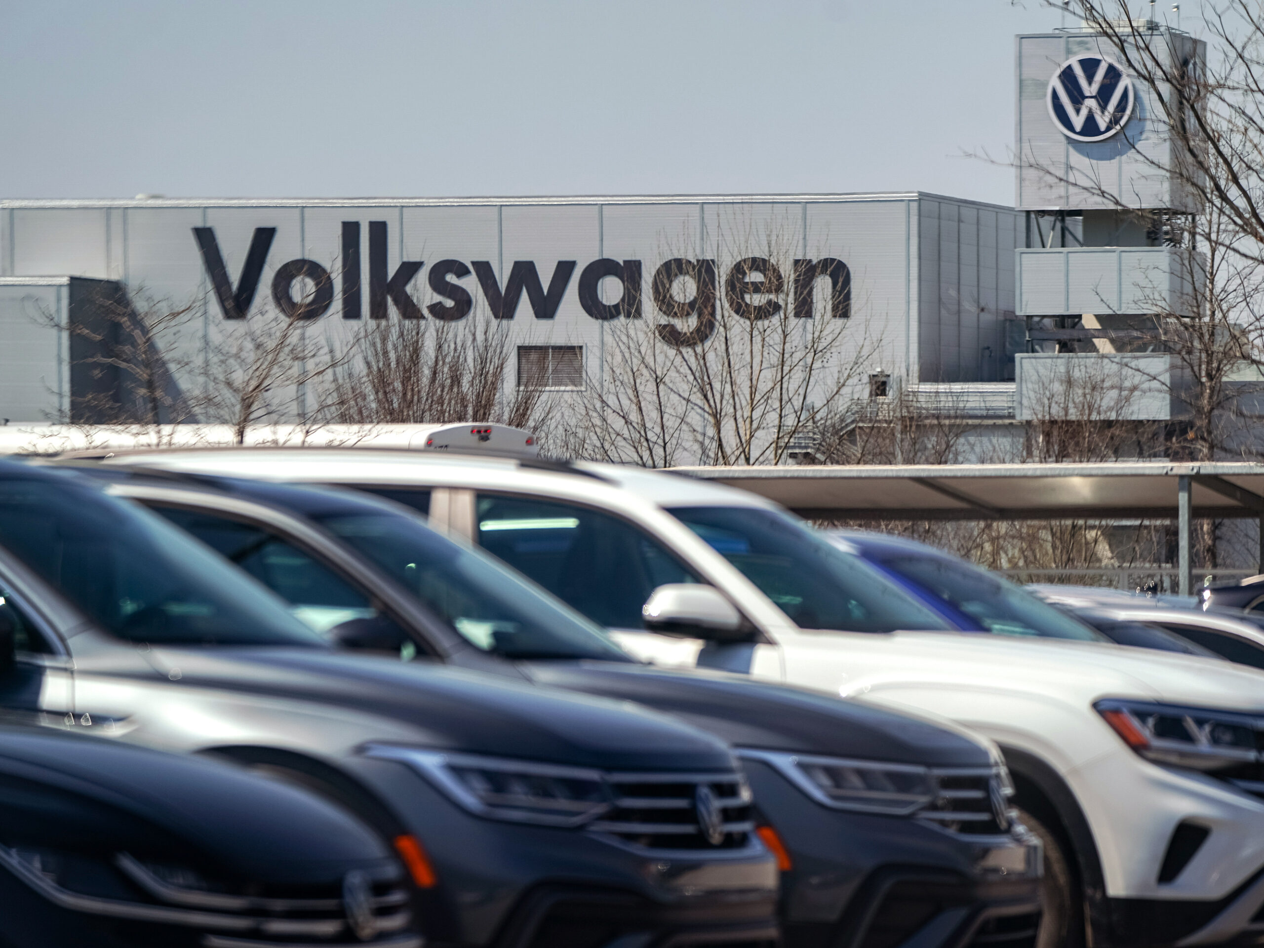 Volkswagens are seen in the employee parking lot at the Volkswagen automobile assembly plant on March 20, 2024 in Chattanooga, Tennessee.
