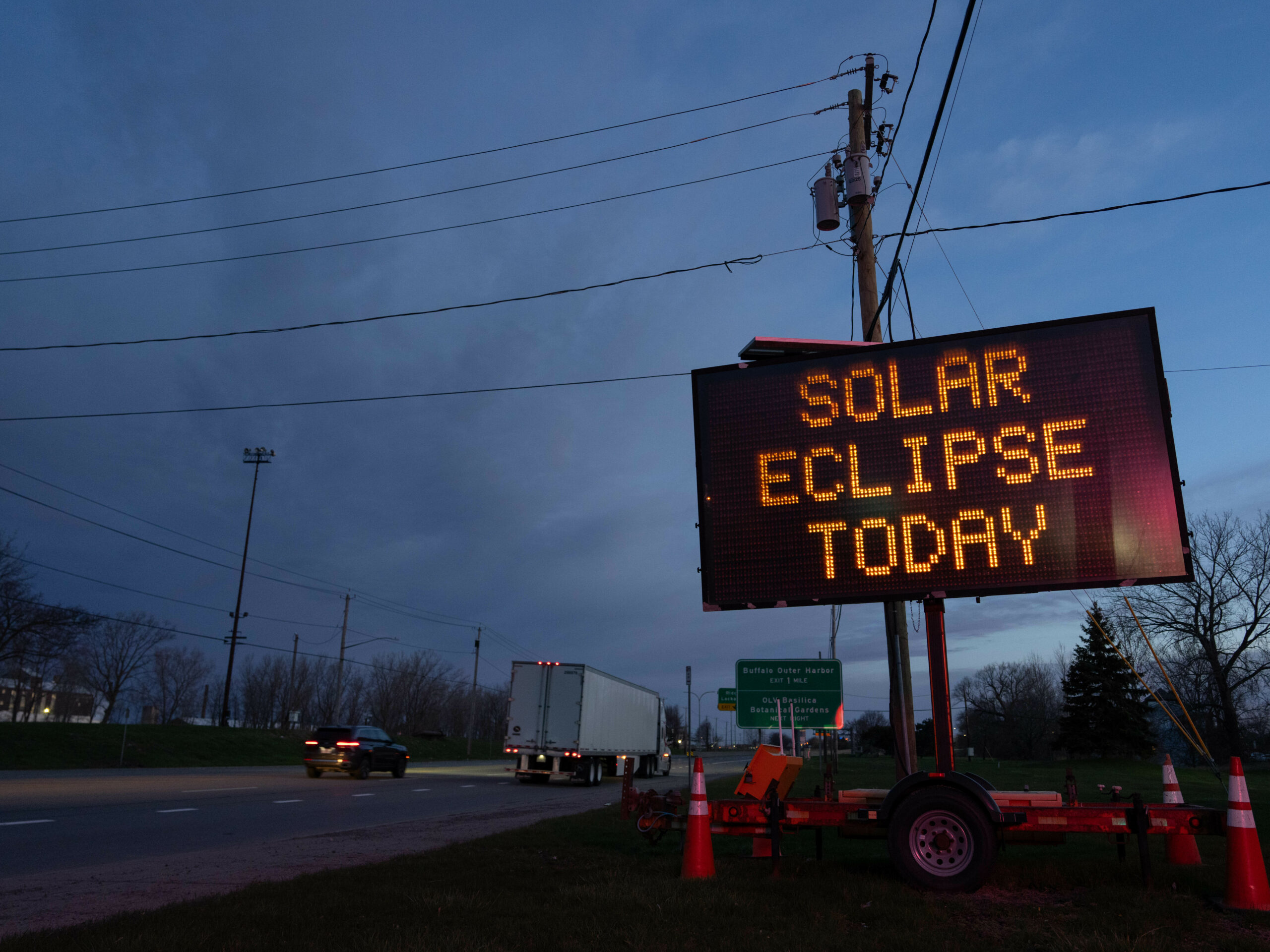 A road sign in Lackawanna, N.Y., advertises the upcoming eclipse on Monday.