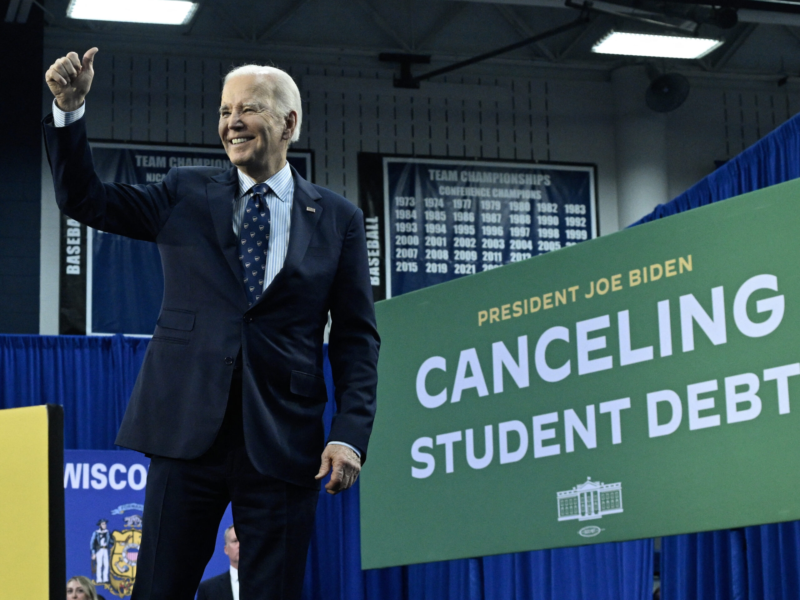 President Biden gestures after speaking about student loan debt relief at Madison Area Technical College in Madison, Wisc., on Monday.