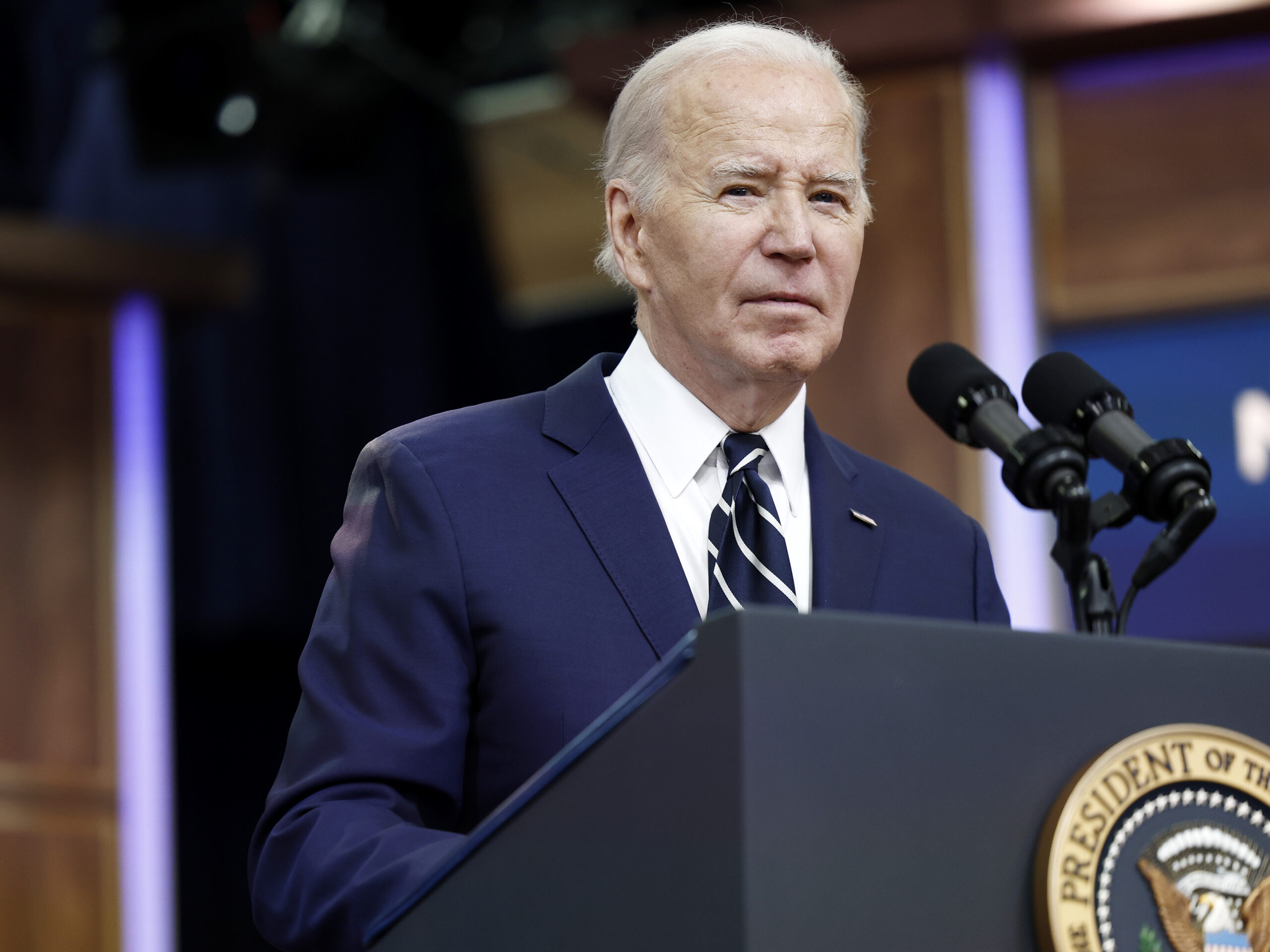 President Biden briefly spoke to reporters about Iran in the South Court auditorium in the Eisenhower Executive Office Building on Friday.