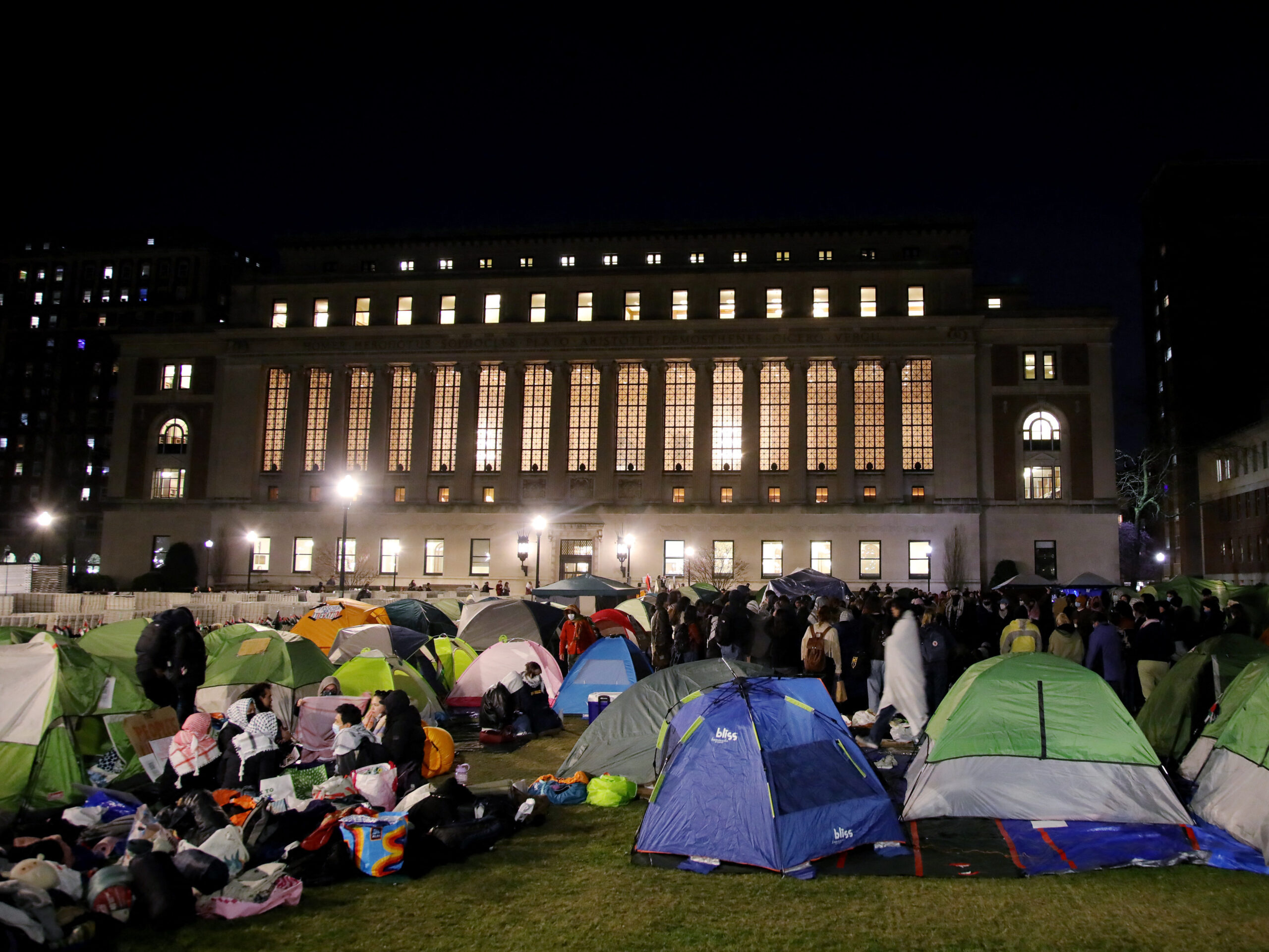 Pro-Palestinian protesters gather at an encampment on the Columbia University campus in New York City on April 25, 2024.