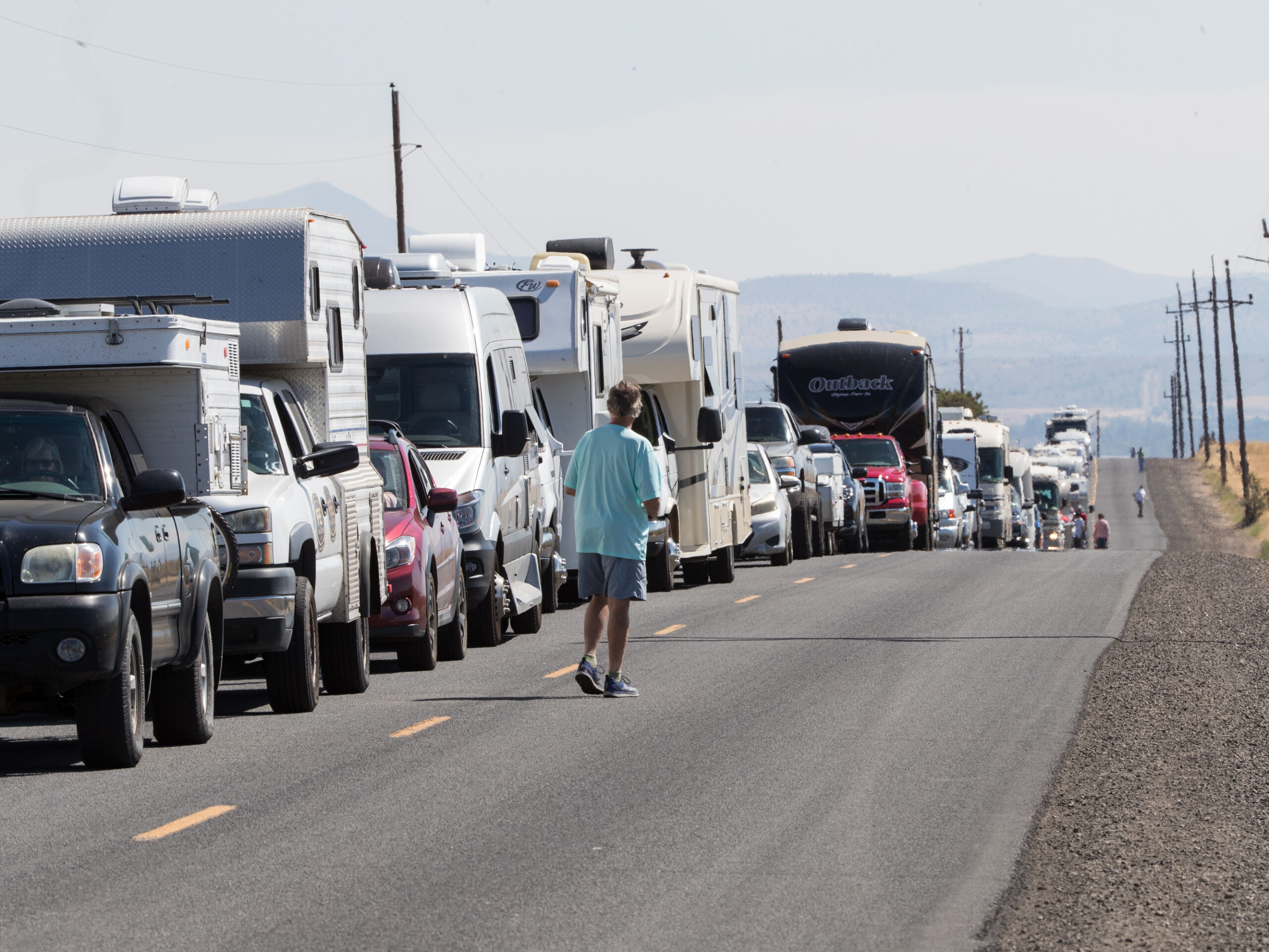 RV traffic sits at a standstill along a two-lane road near Madras, Ore., a few days before the 2017 total solar eclipse. Experts say traffic could be heavy, but eclipse watchers shouldn't necessarily be deterred.