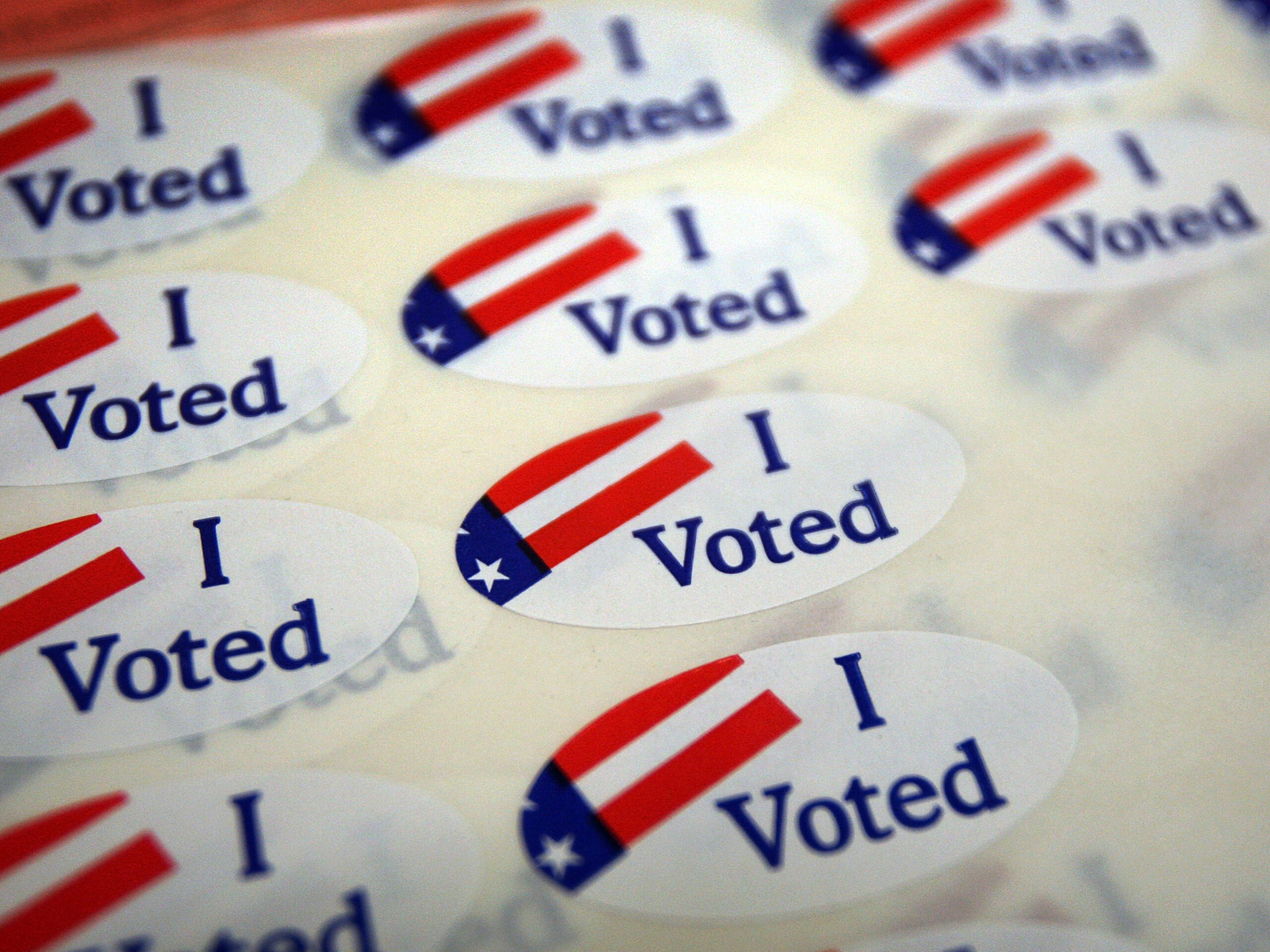 A sheet of voter stickers is seen inside a polling place in California.