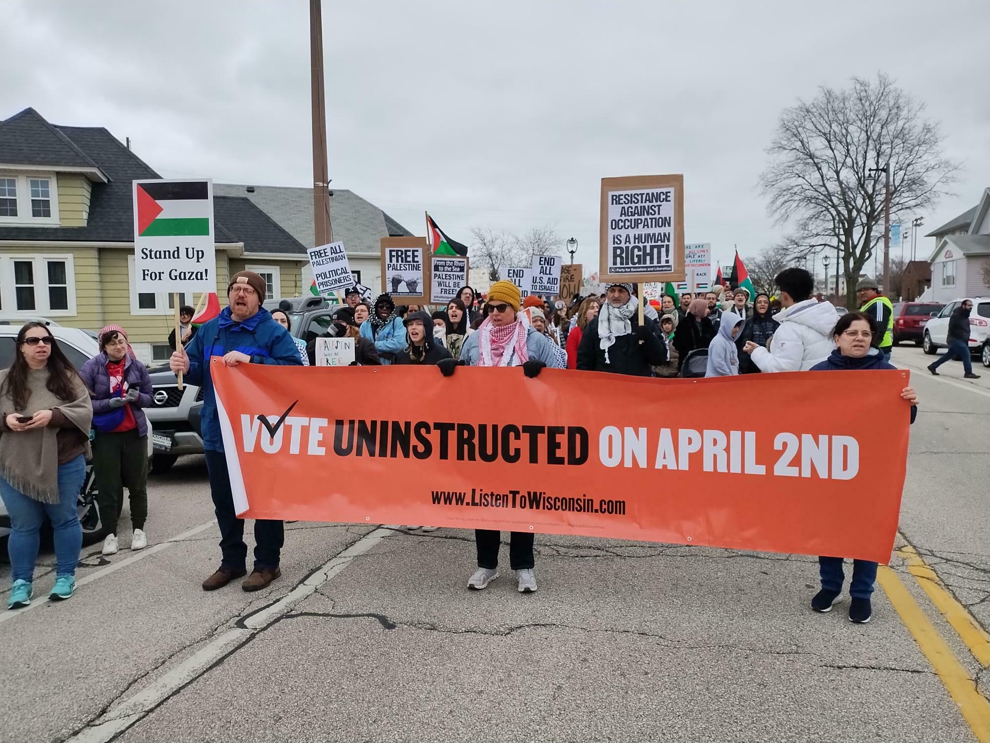 Supporters of the "Vote Uninstructed" movement join a pro-Palestinian march in Milwaukee last Saturday.