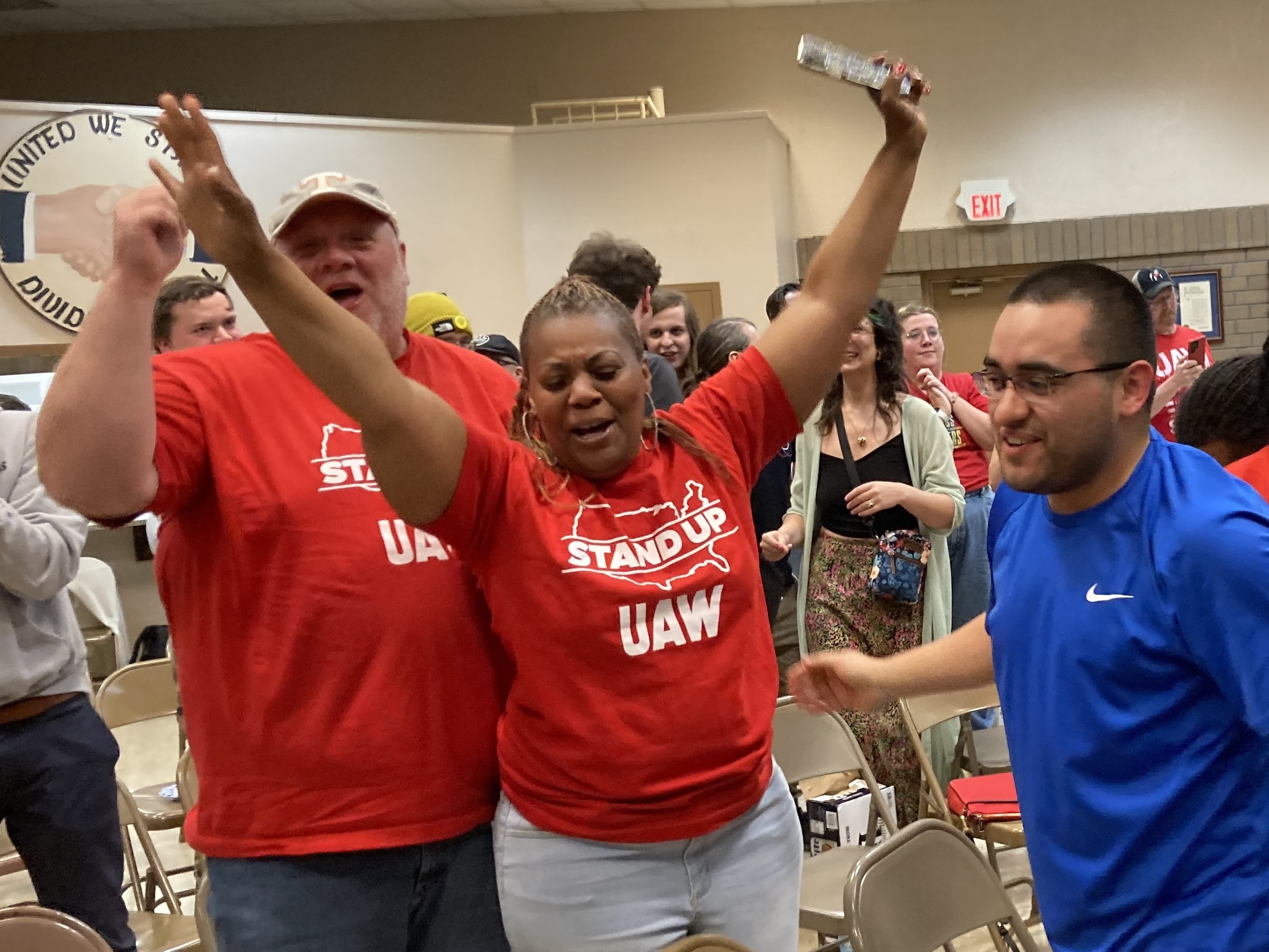 Volkswagen workers in Chattanooga, Tenn., celebrate as results from the union election at the auto plant come in on April 19, 2024. The final tally was 2,628 in favor of unionizing and 985 against.