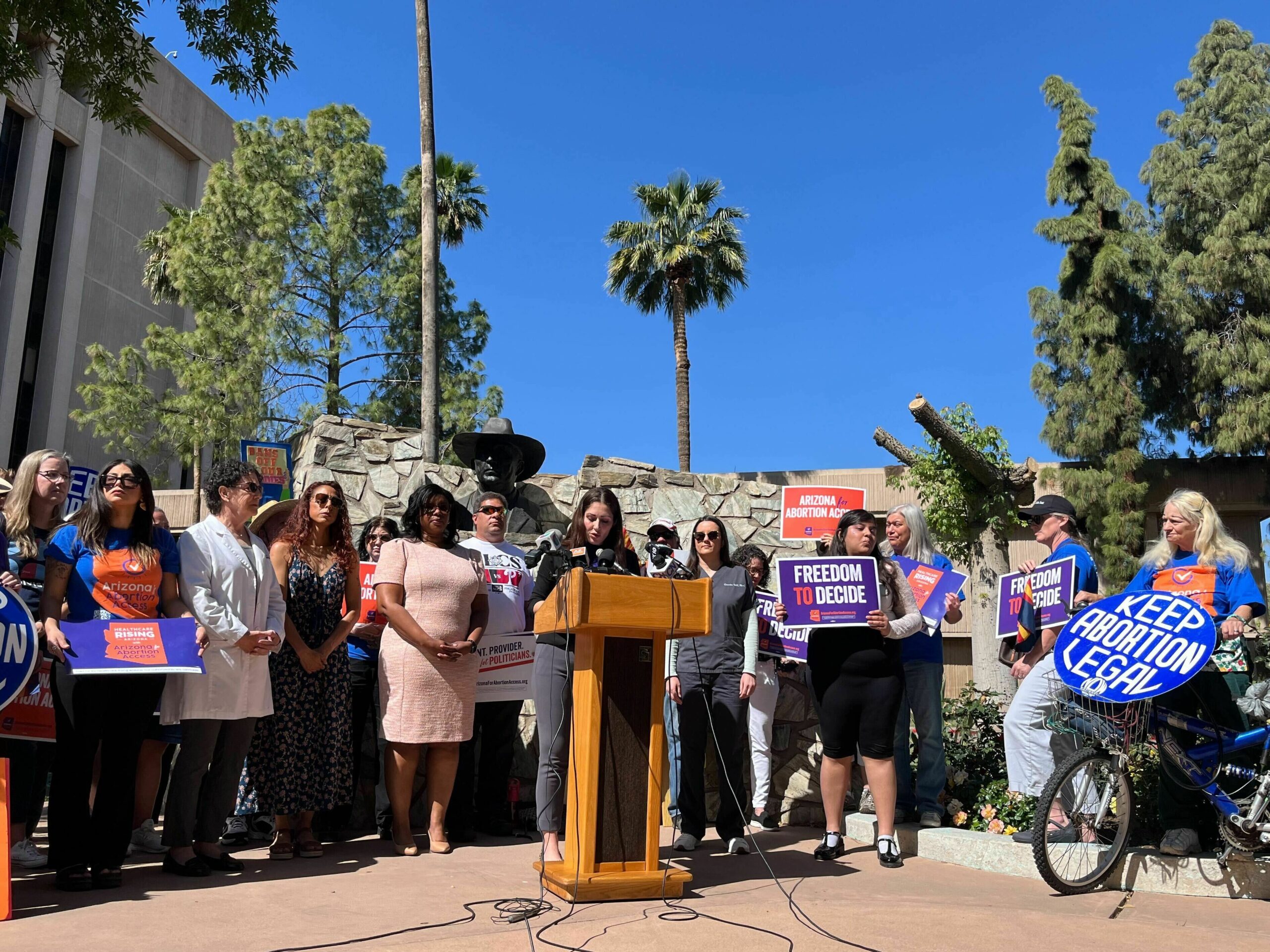 After the Arizona Supreme Court allowed for near-total abortion ban, a group of abortion-rights protesters gathered outside the Arizona state Capitol in Phoenix on April 9, 2024.