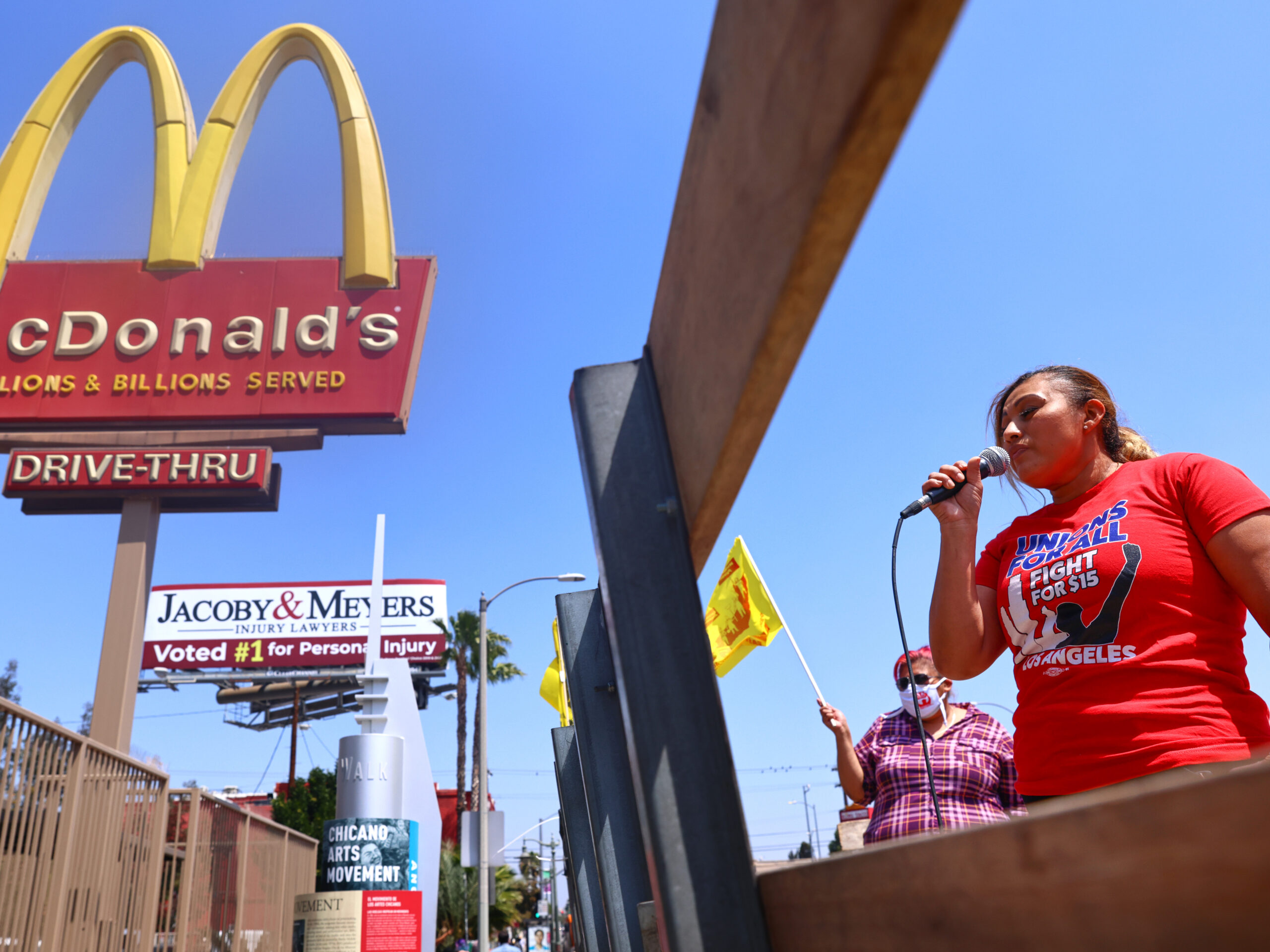 Fast-food workers rally for health and safety protections near a McDonald's in Los Angeles, in 2021.