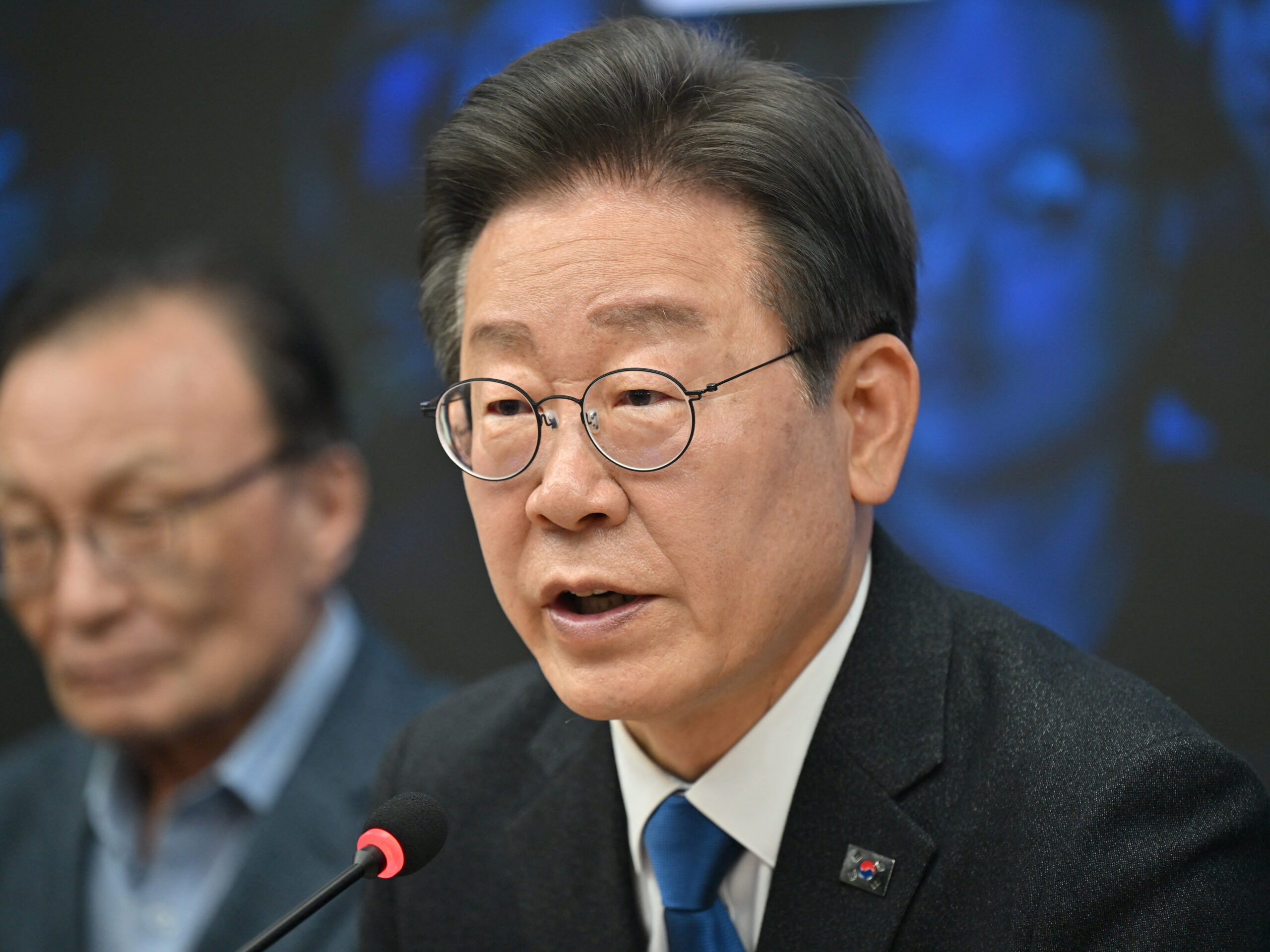 South Korea's main opposition Democratic Party leader Lee Jae-myung speaks during a ceremony to disband the election camp after the parliamentary election at the party's headquarters in Seoul on April 11, 2024.