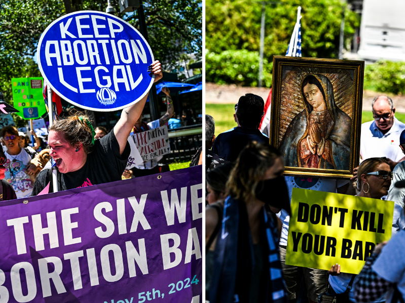 Pro-abortion rights activists gathered April 13 at a rally in Orlando, Fla., to back a referendum in November that could increase access to abortion. Nearby were activists opposed to abortion.
