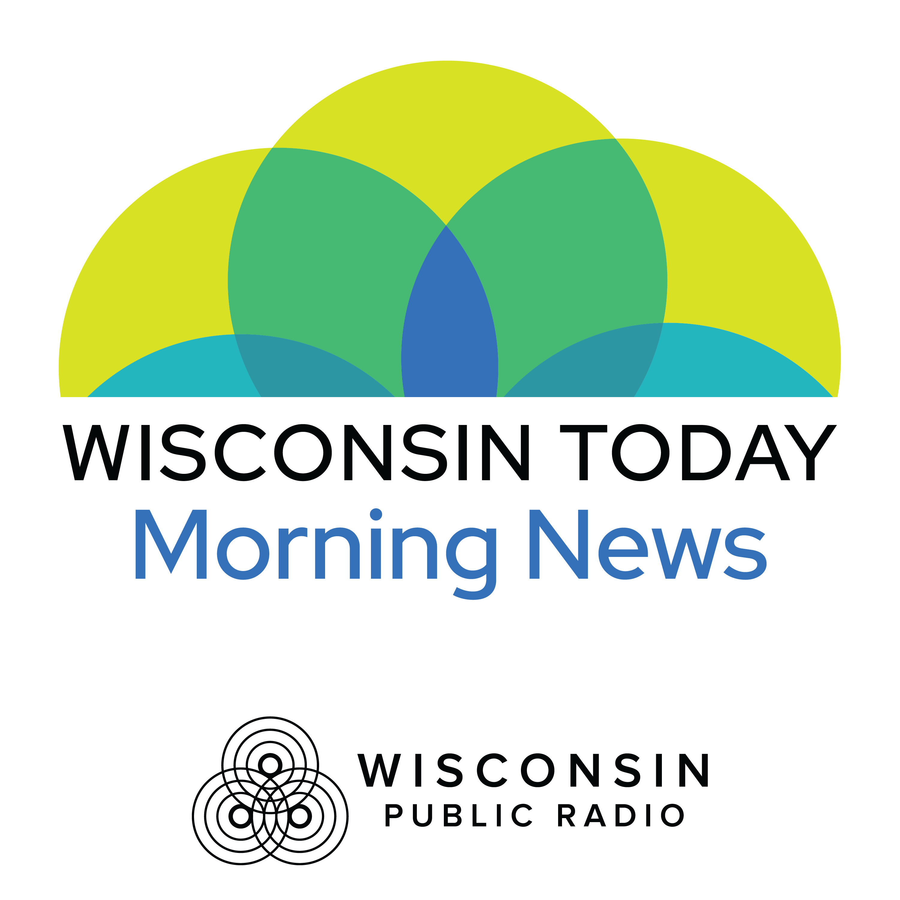 Wisconsin Today Morning News logo featuring overlapping semicircles in yellow, green, and blue. Below, Wisconsin Public Radios logo with concentric circles.
