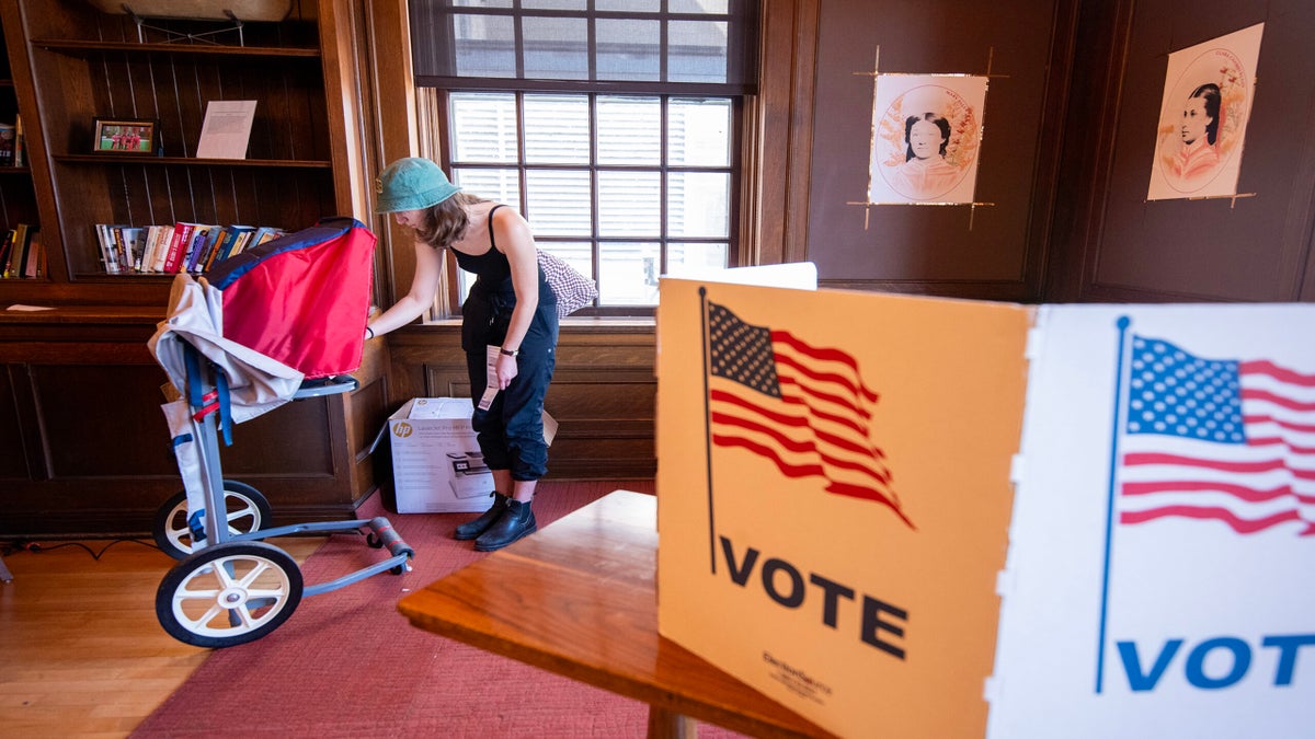 A person stands at a voting booth in a room with wood paneling. The booth features an American flag and the word VOTE.