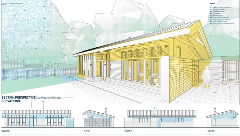 Architectural plan of a small building featuring a section perspective and elevations from south, east, north, and west. The design includes detailed structural elements and a figure for scale.