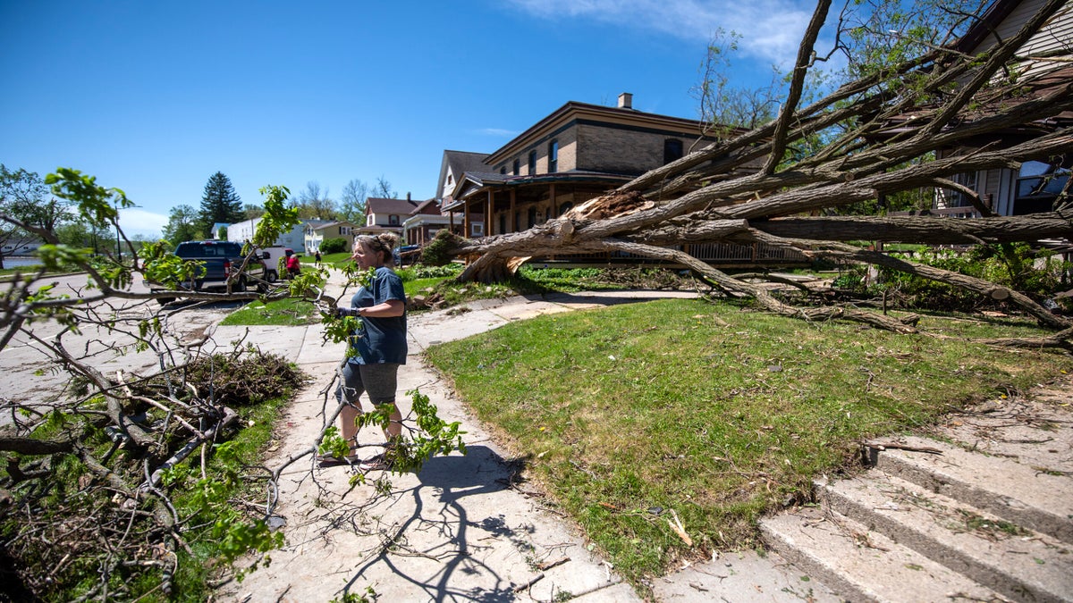 A person stands on a sidewalk near fallen trees and broken branches after a storm; damaged houses and clear blue sky are visible in the background.