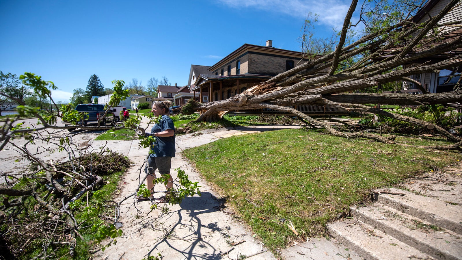 A person stands on a sidewalk near fallen trees and broken branches after a storm; damaged houses and clear blue sky are visible in the background.