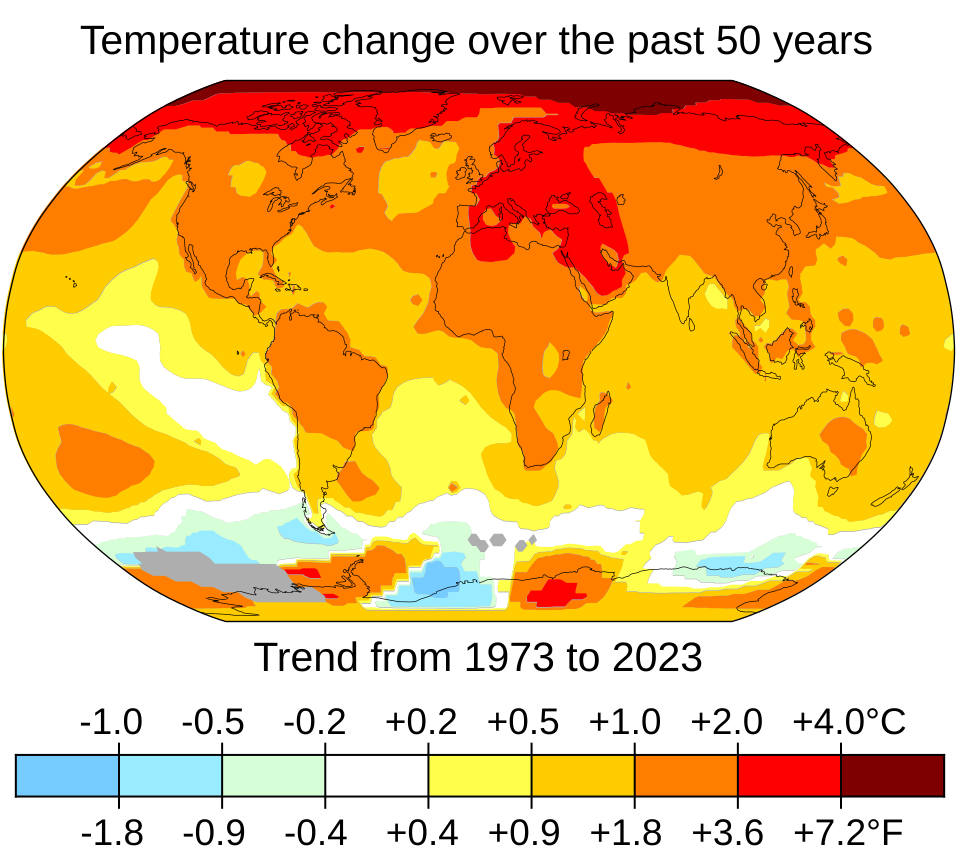 A world map showing temperature change trends from 1973 to 2023, with the Arctic region experiencing the largest warming, indicated by red and orange colors.