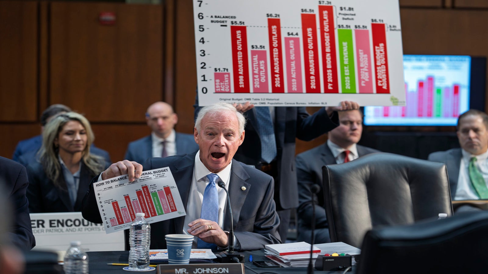 A man in a suit holds up a chart with budget data at a formal meeting, while another person in the background displays a larger version of the same chart.