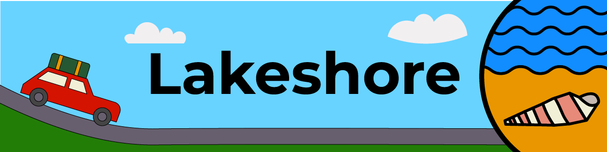 A red car drives up a hill with luggage on top; the word Lakeshore is centered, with a beach and waves illustration on the right and clouds in the sky.