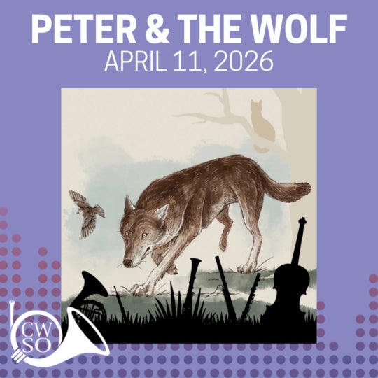 Illustration of a wolf sniffing the ground with a bird flying nearby, overlaid with text: Peter & The Wolf, April 11, 2026 and silhouettes of musical instruments at the bottom.