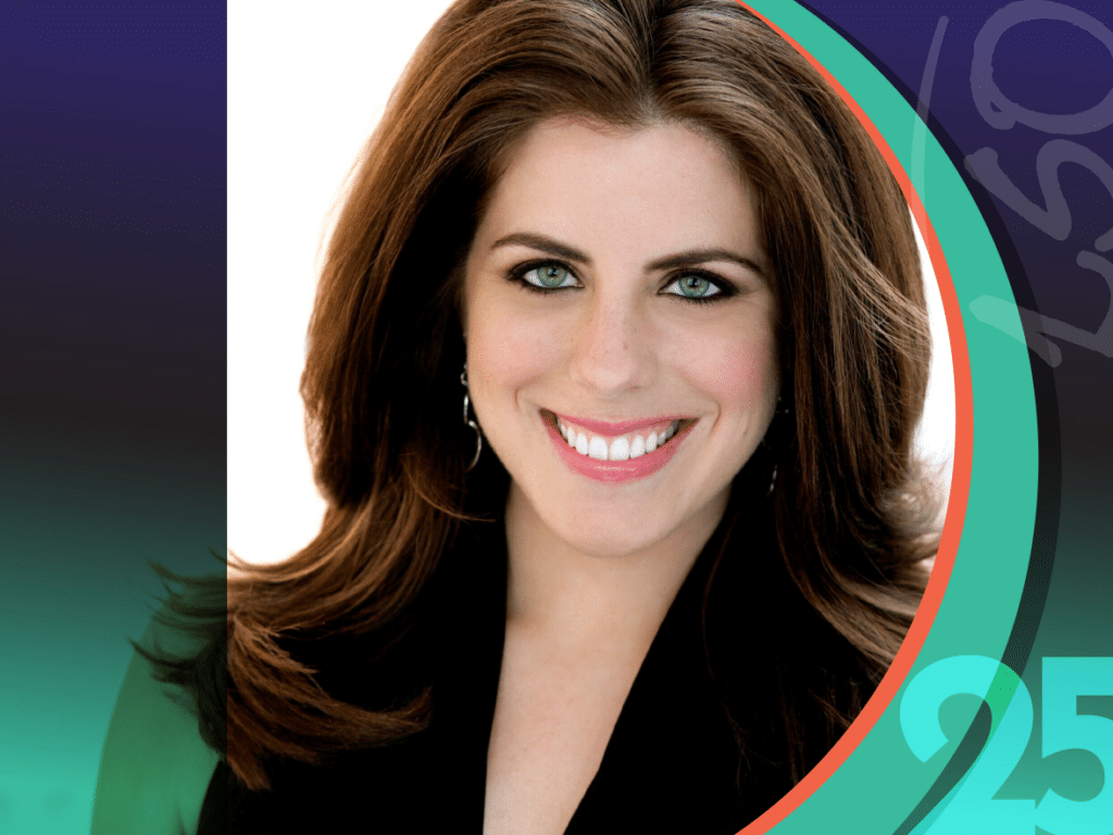 Smiling woman with shoulder-length brown hair wearing a black top, set against a white background with colorful graphic elements and the number 25 in the lower right corner.