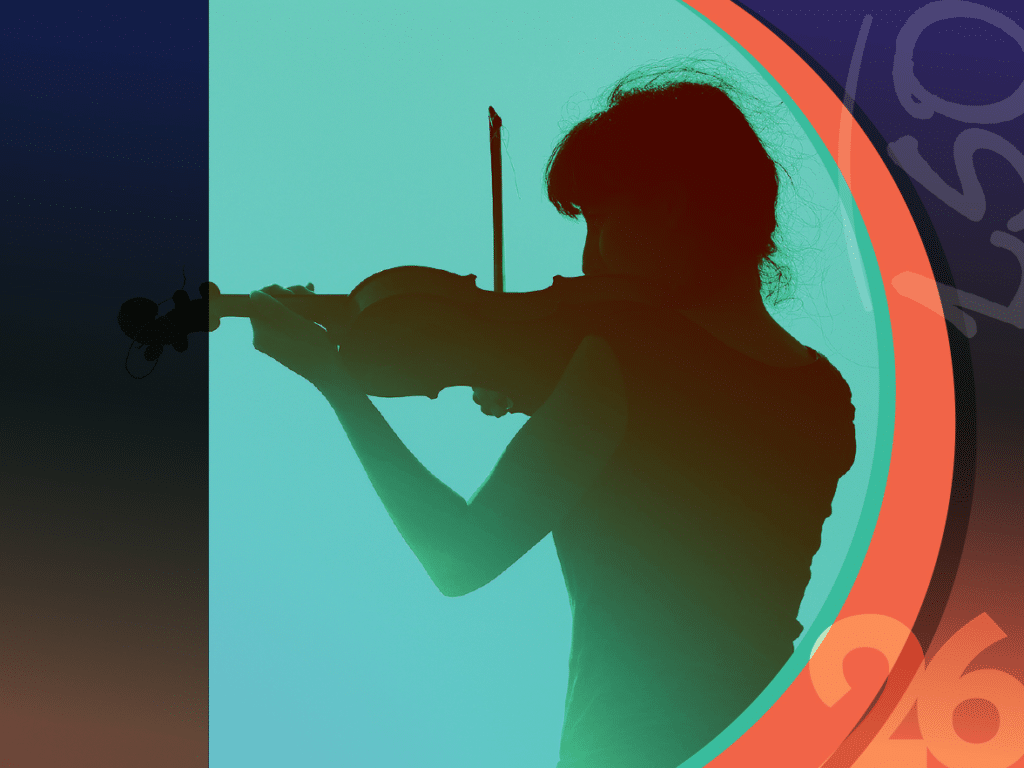 Silhouette of a person playing the violin against a gradient background with abstract shapes and numbers.