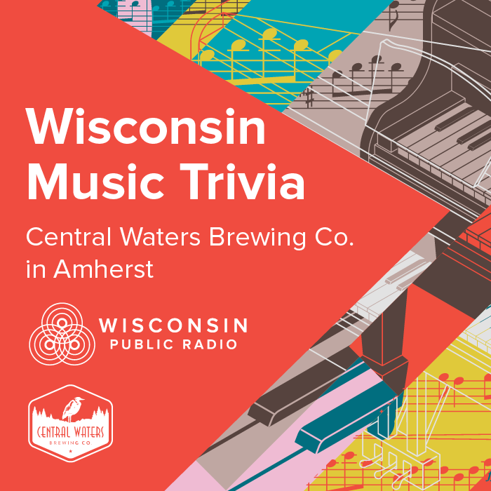 Event poster for Wisconsin Music Trivia at Central Waters Brewing Co. in Amherst, hosted by Wisconsin Public Radio, with abstract geometric background art.