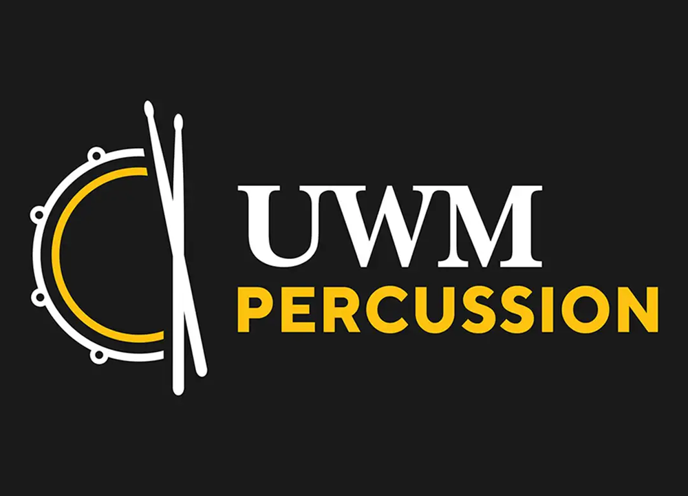 Logo with a snare drum and drumsticks graphic on the left, and the text UWM Percussion in white and yellow on a black background.