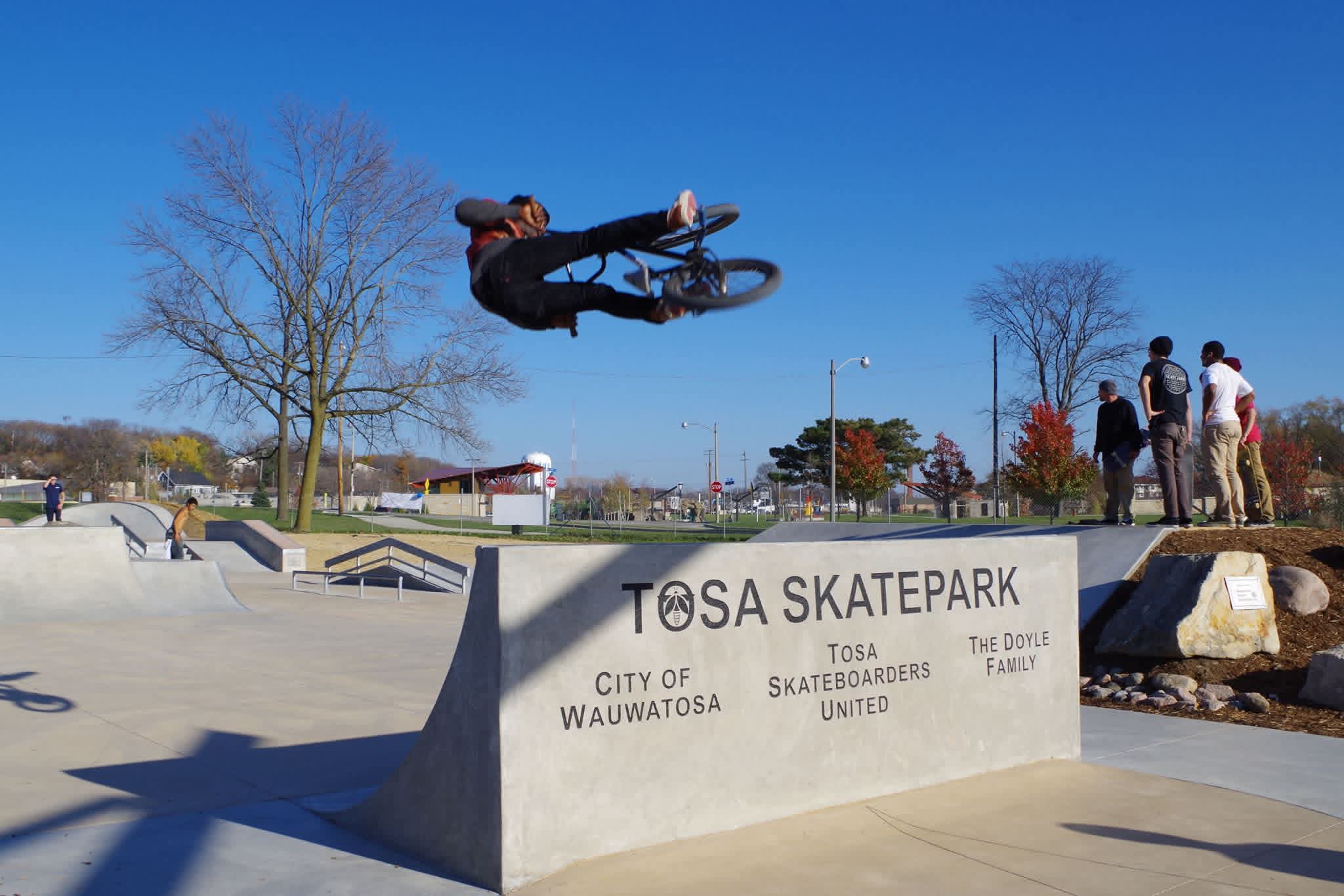A person performs an aerial trick on a BMX bike above a ramp at Tosa Skatepark on a clear, sunny day.