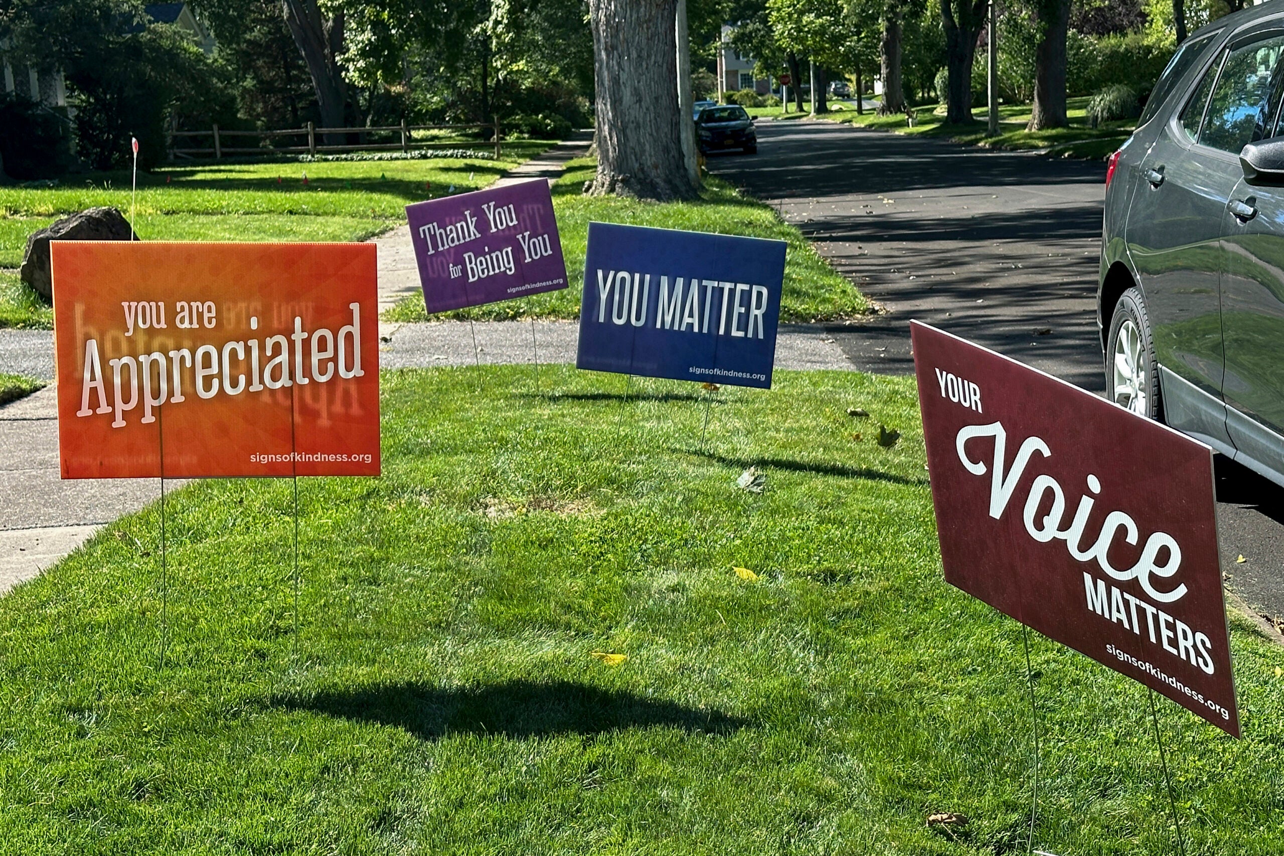 Four colorful lawn signs on grass read: you are Appreciated, Thank You for Being You, YOU MATTER, and YOUR Voice MATTERS. A tree, car, and houses are in the background.